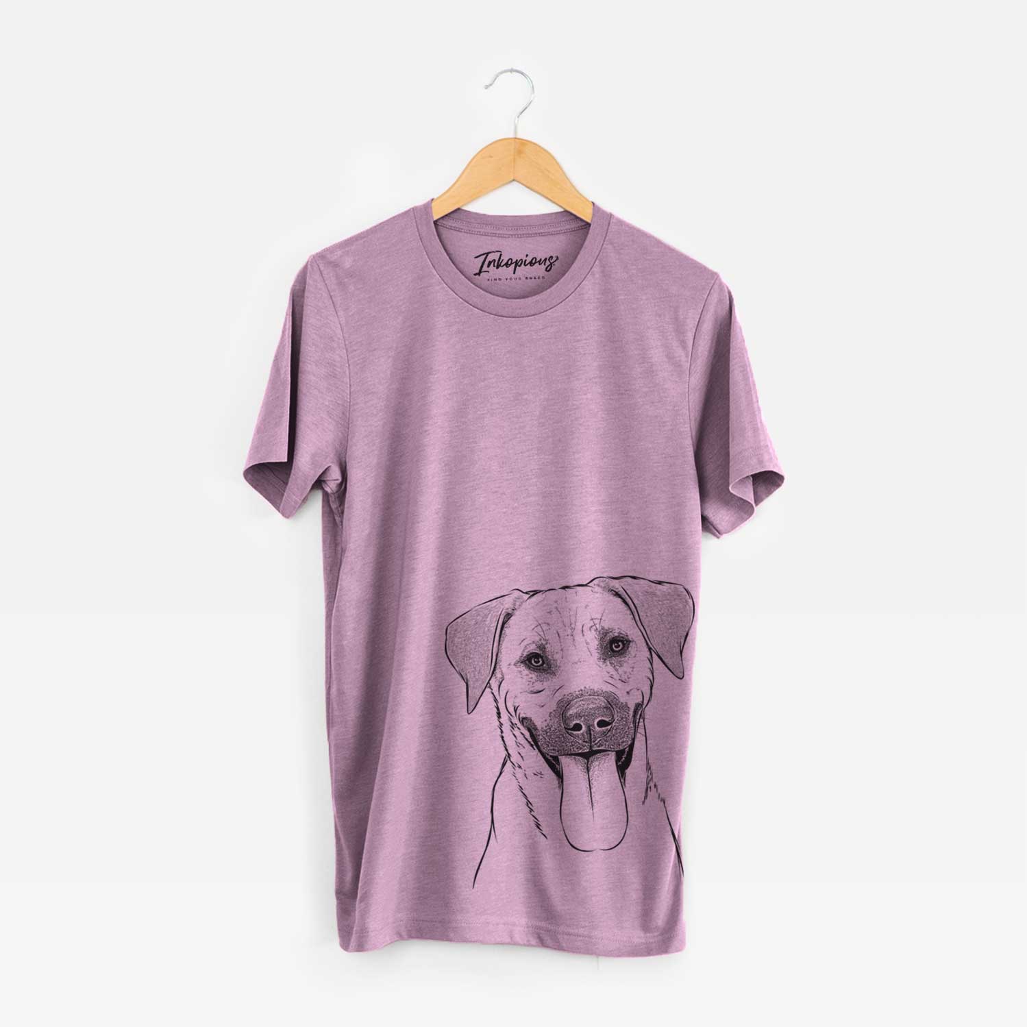 Hand-drawn sketch of Koda the Black Mouth Cur on an Orchid Unisex crewneck