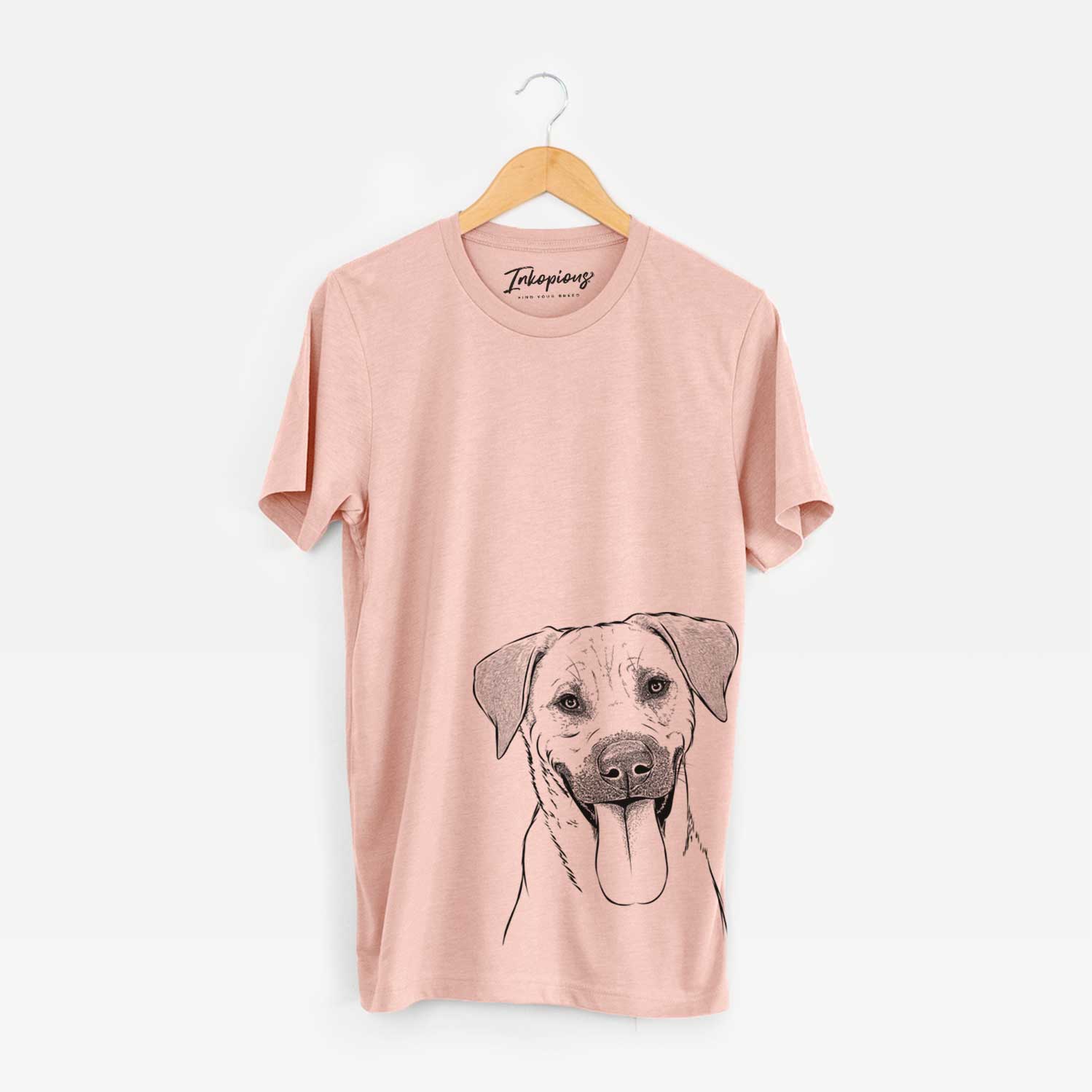 Hand-drawn sketch of Koda the Black Mouth Cur on a Peach Unisex crewneck
