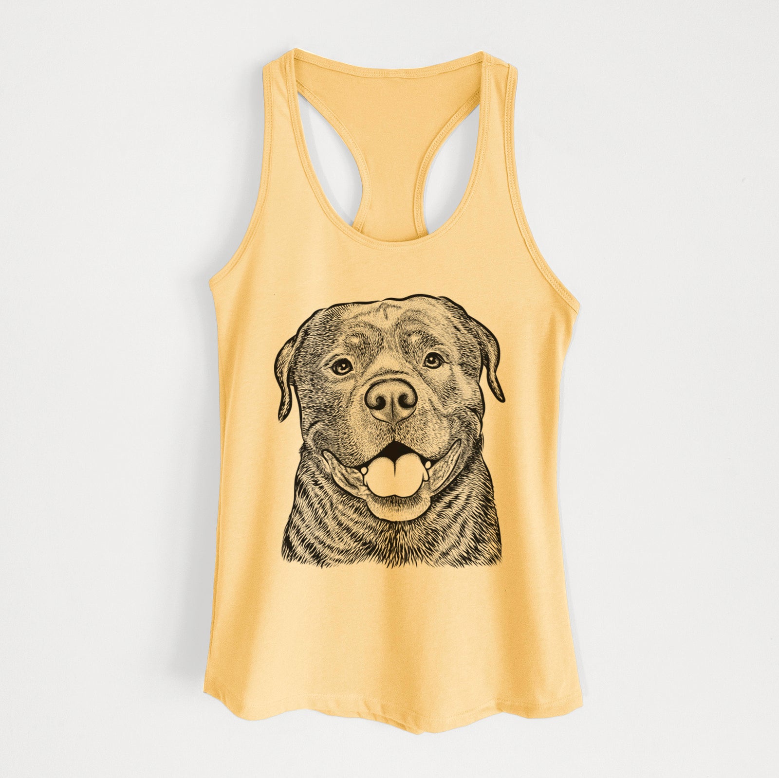 Hand-drawn sketch of Kojak the Rottweiler on a Banana Cream Women's racerback tanktop