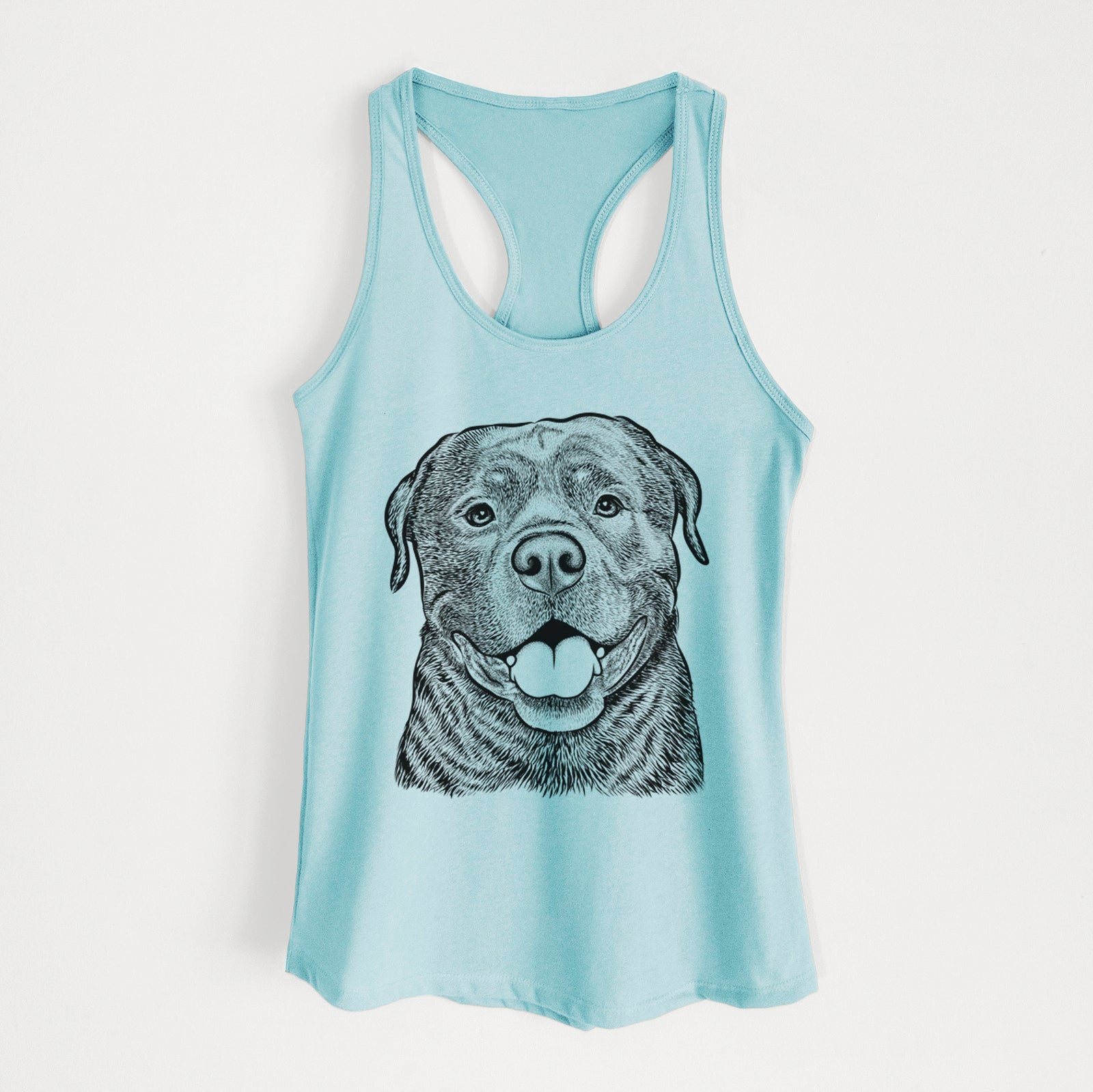 Hand-drawn sketch of Kojak the Rottweiler on a Cancun Blue Women's racerback tanktop