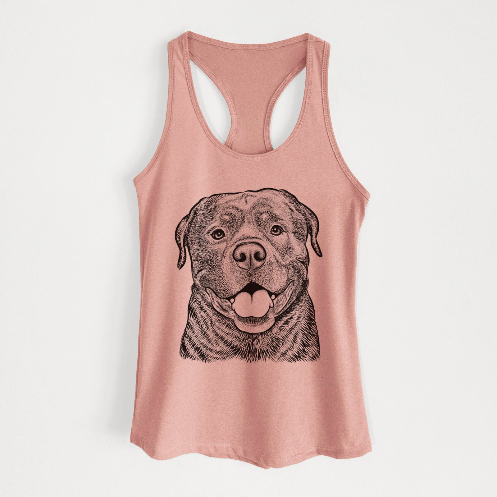 Hand-drawn sketch of Kojak the Rottweiler on a Desert Pink Women's racerback tanktop