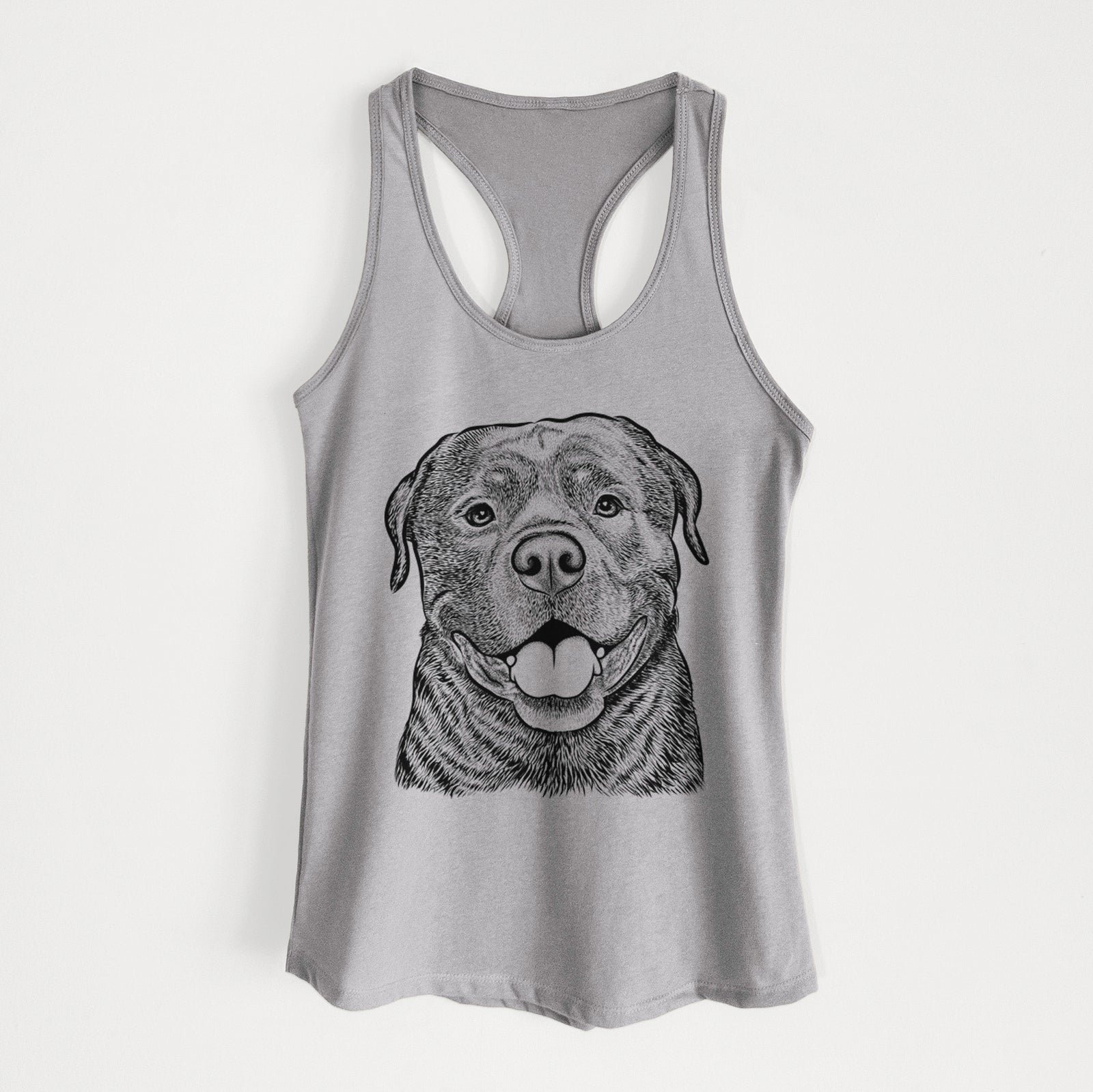 Hand-drawn sketch of Kojak the Rottweiler on a Heather Grey Women's racerback tanktop