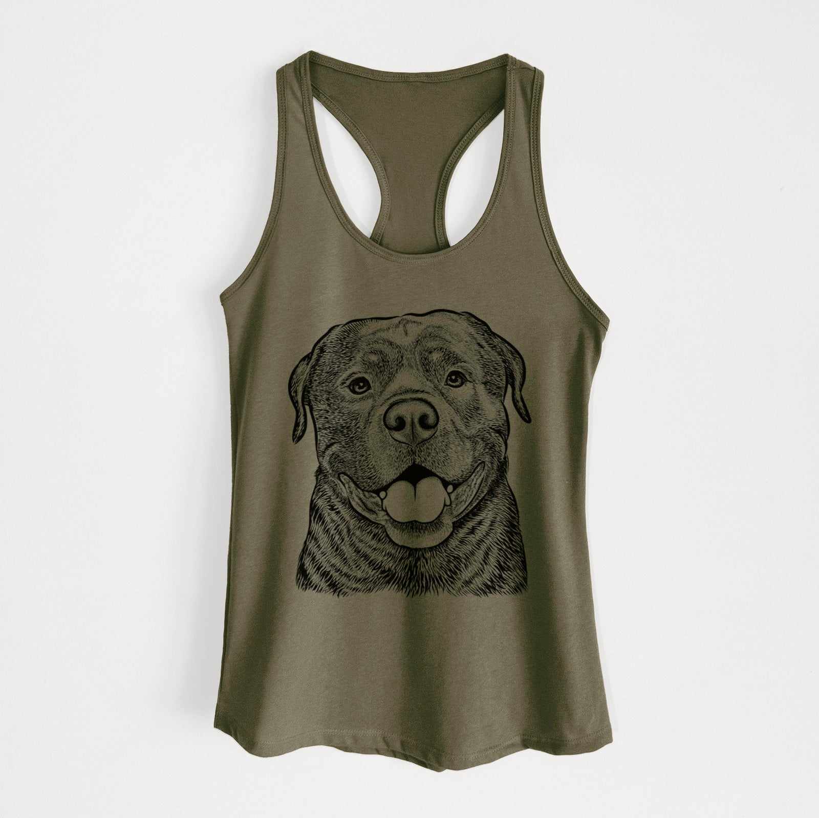 Hand-drawn sketch of Kojak the Rottweiler on a Military Green Women's racerback tanktop