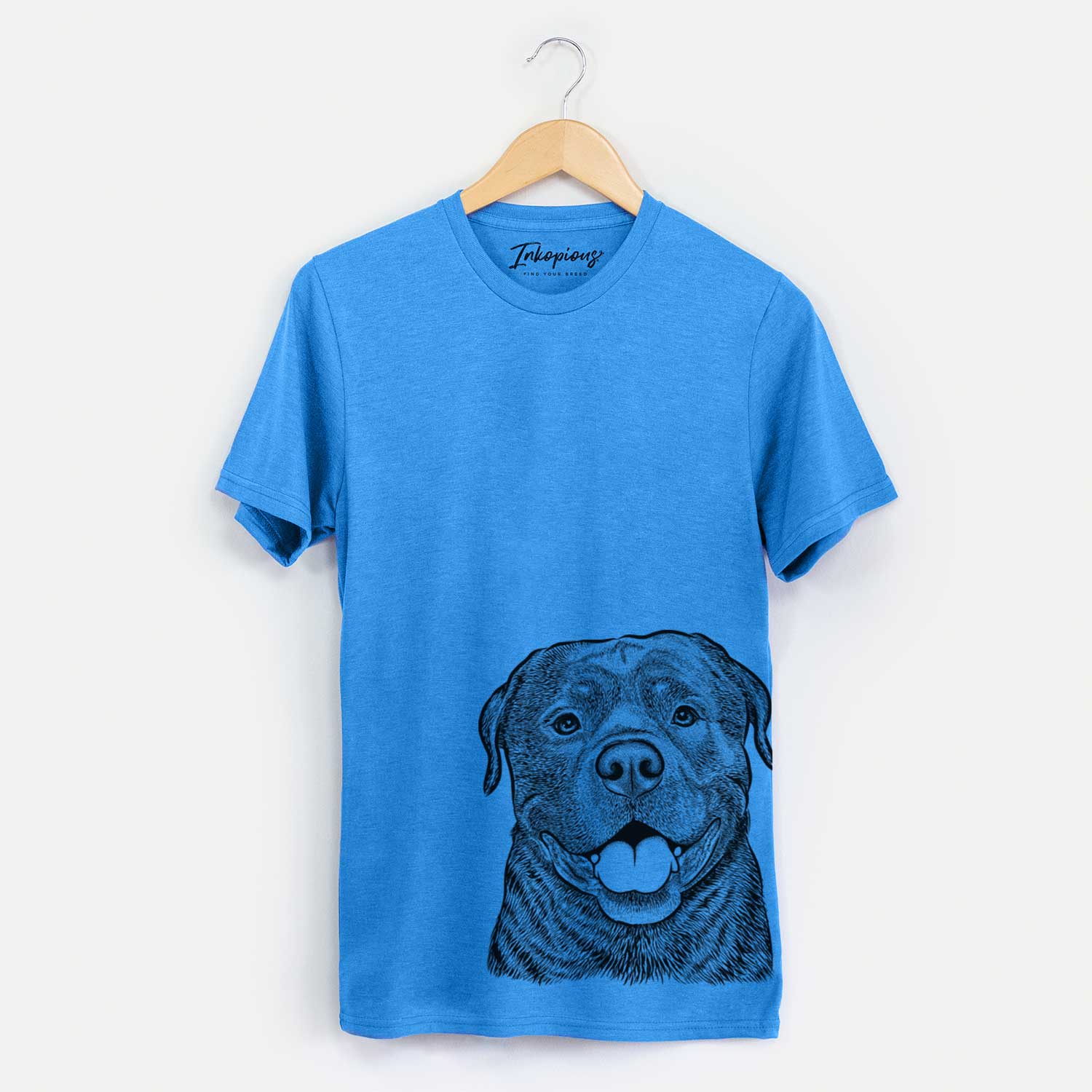 Hand-drawn sketch of Kojak the Rottweiler on a Blue Unisex crewneck