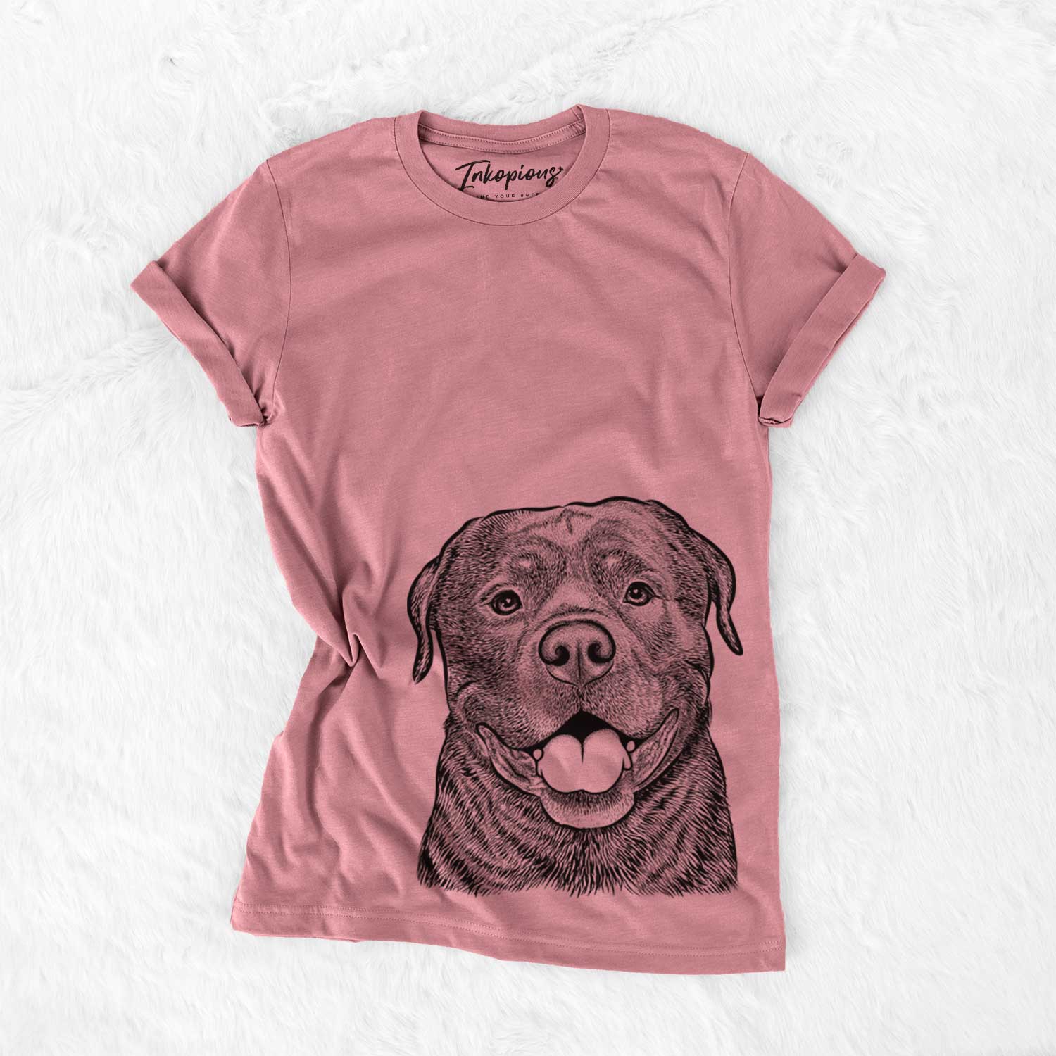 Hand-drawn sketch of Kojak the Rottweiler on a Mauve Unisex crewneck