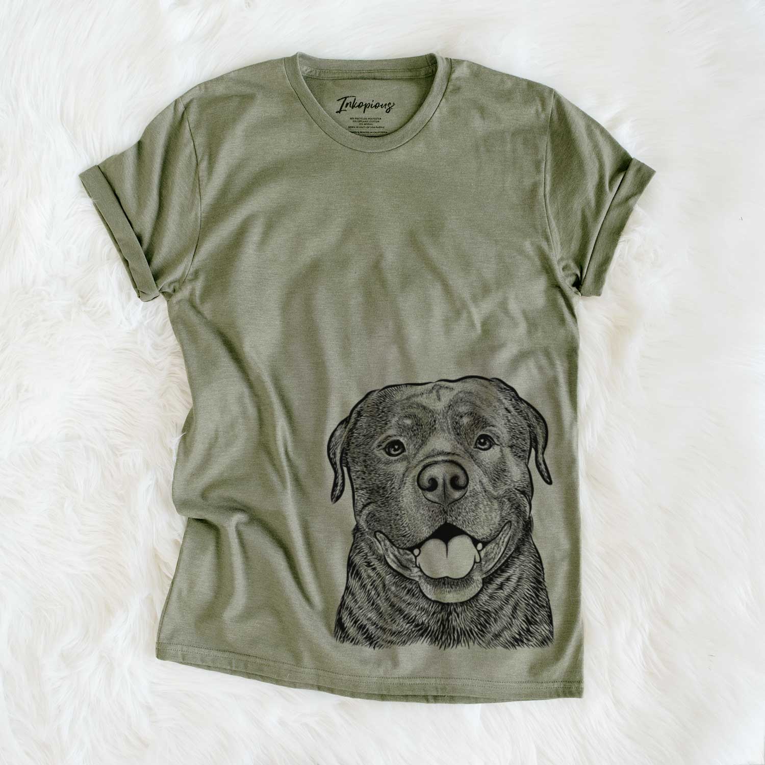 Hand-drawn sketch of Kojak the Rottweiler on an Olive Unisex crewneck