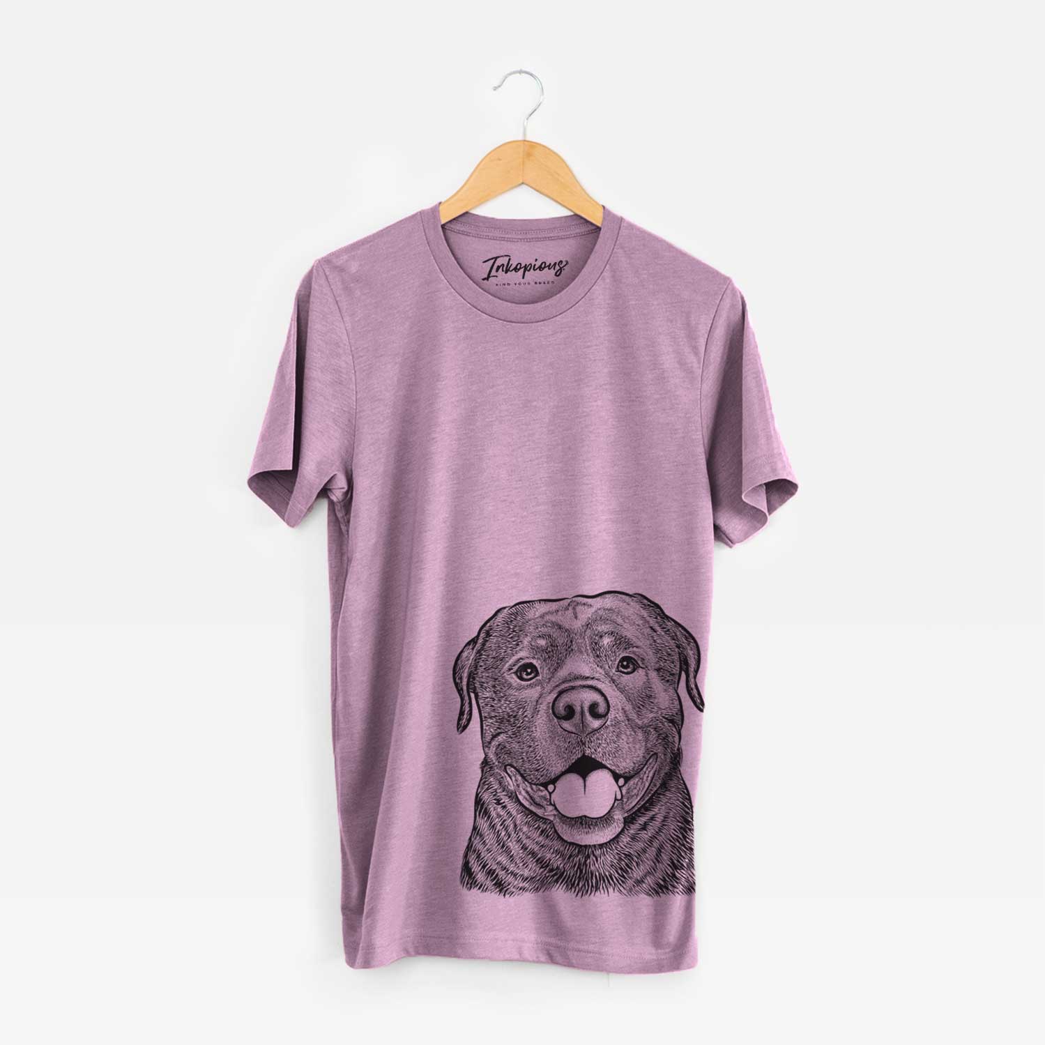 Hand-drawn sketch of Kojak the Rottweiler on an Orchid Unisex crewneck