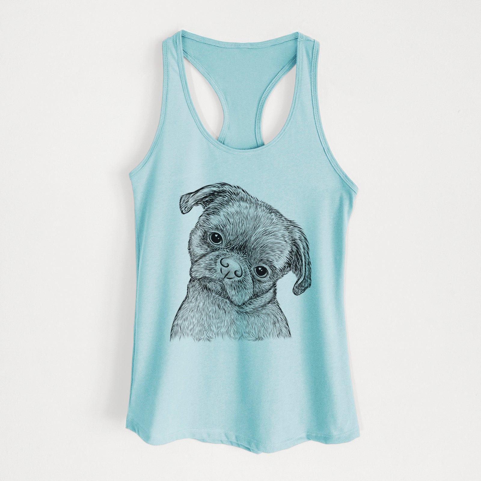Hand-drawn sketch of Koko the Shih Tzu on a Cancun Blue Women's racerback tanktop