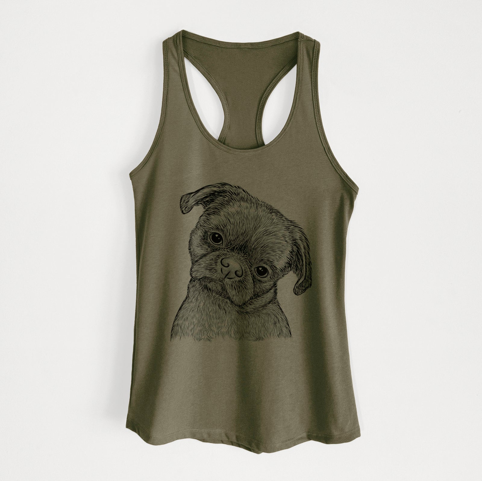 Hand-drawn sketch of Koko the Shih Tzu on a Military Green Women's racerback tanktop