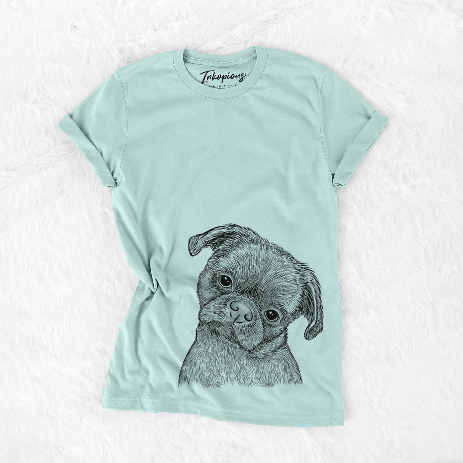 Hand-drawn sketch of Koko the Shih Tzu on a Heather Sage Bella Canvas Unisex Crewneck