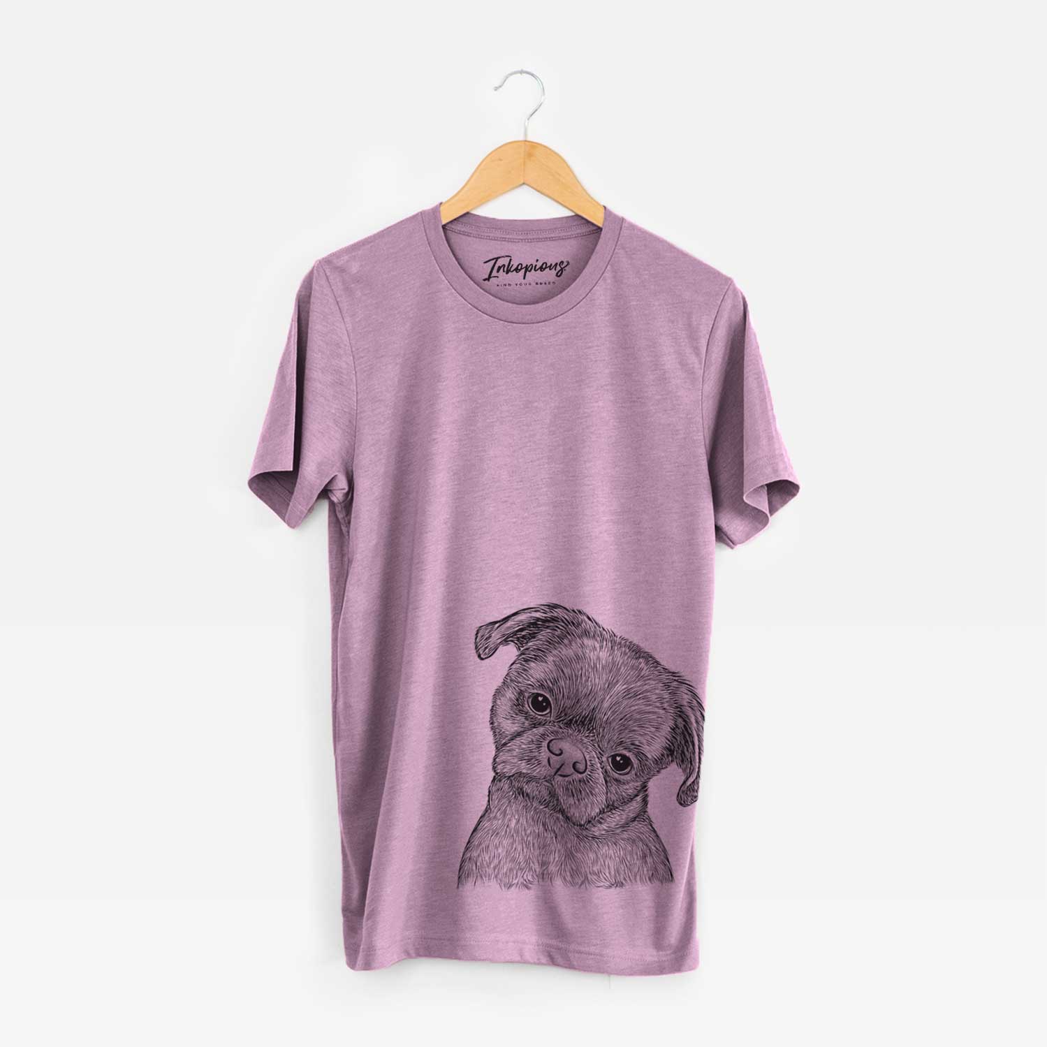 Hand-drawn sketch of Koko the Shih Tzu on an Orchid Bella Canvas Unisex Crewneck