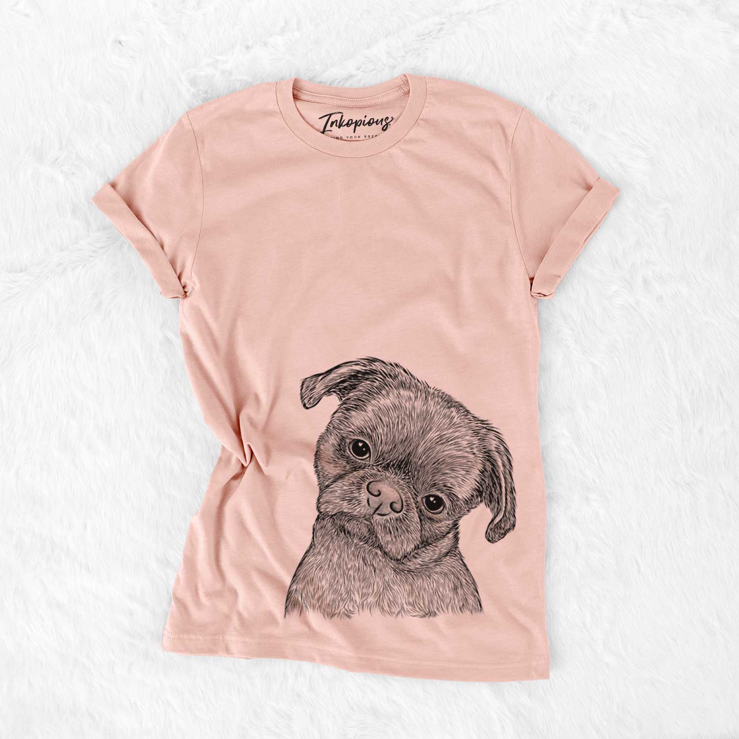 Hand-drawn sketch of Koko the Shih Tzu on a Peach Bella Canvas Unisex Crewneck