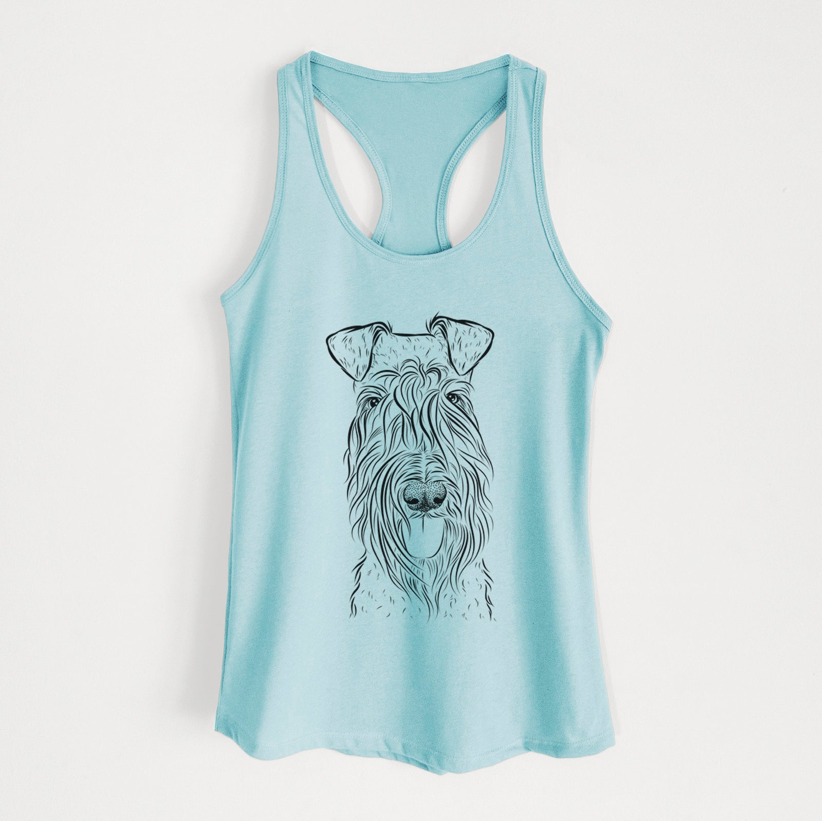 Hand-drawn sketch of Kricket the Kerry Blue Terrier on a Cancun Blue Women's racerback tanktop