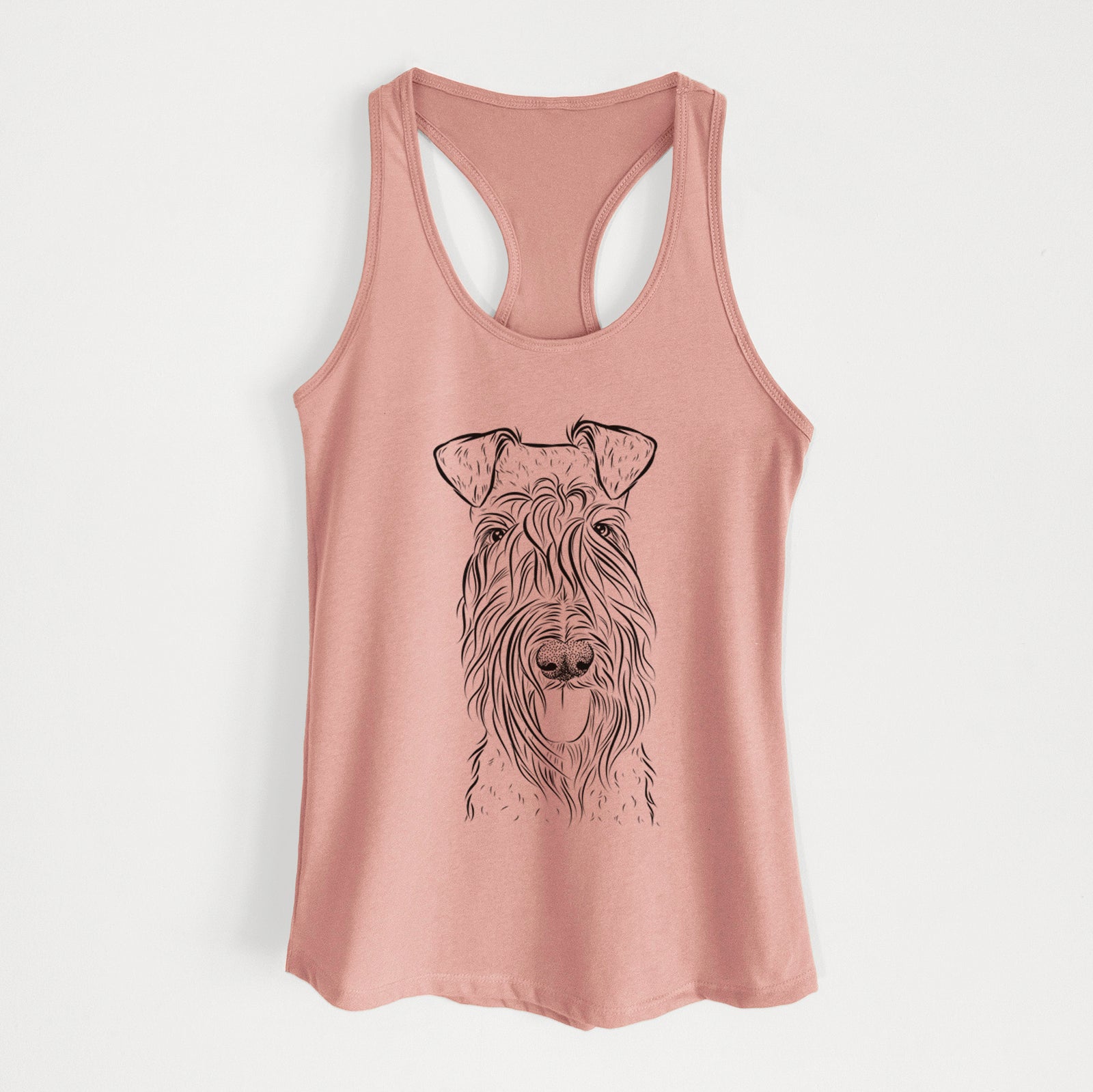 Hand-drawn sketch of Kricket the Kerry Blue Terrier on a Desert Pink Women's racerback tanktop