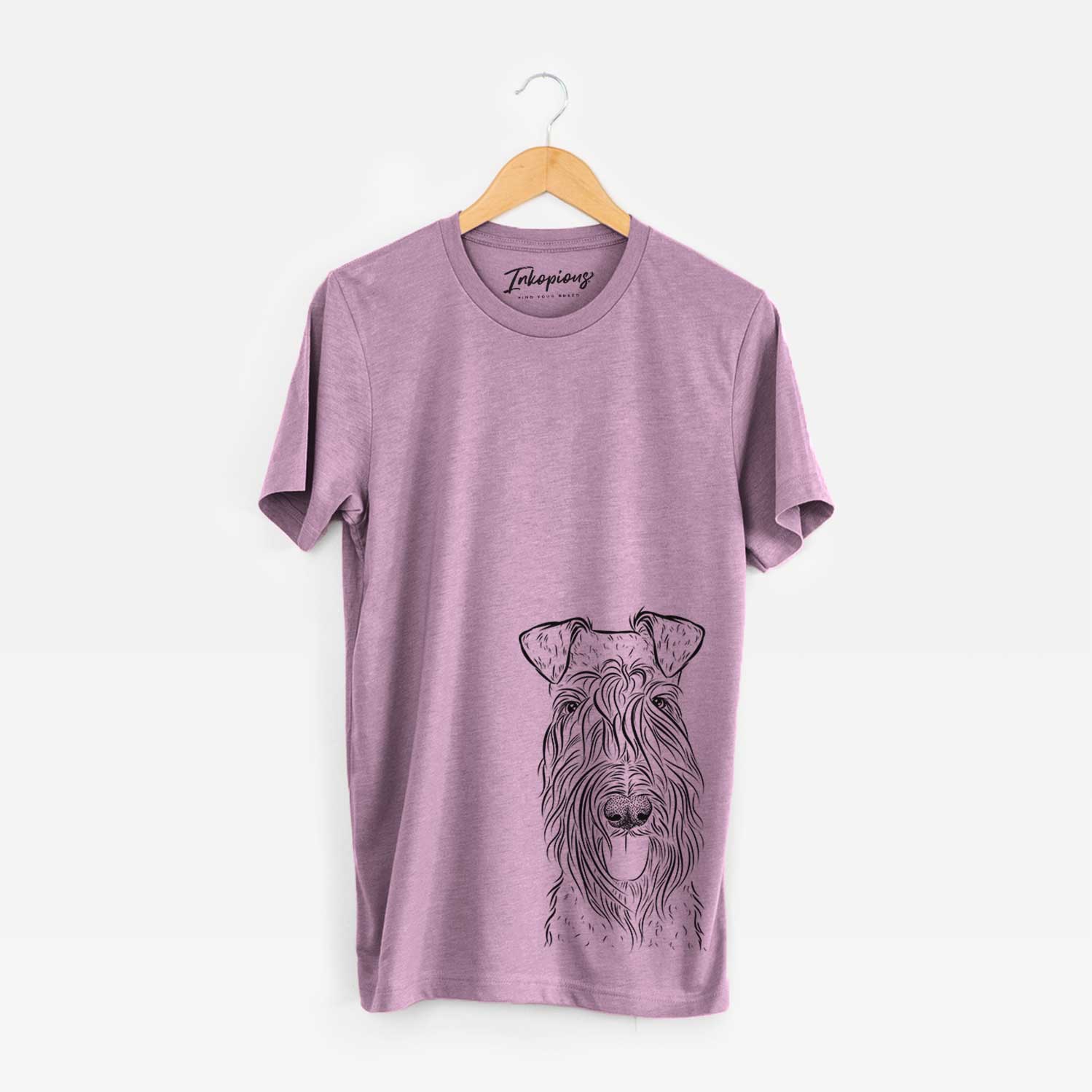 Hand-drawn sketch of Kricket the Kerry Blue Terrier on an Orchid Bella Canvas Unisex Crewneck