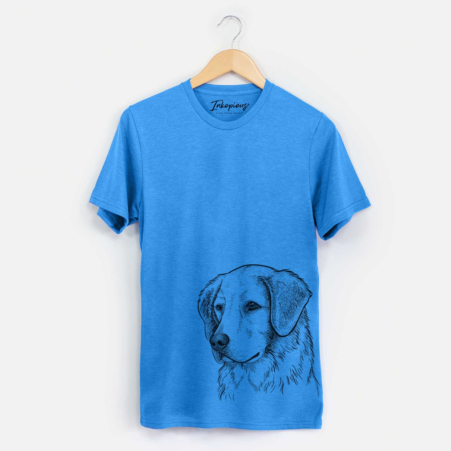 Hand-drawn sketch of Kula the Golden Retriever on a Blue Unisex crewneck