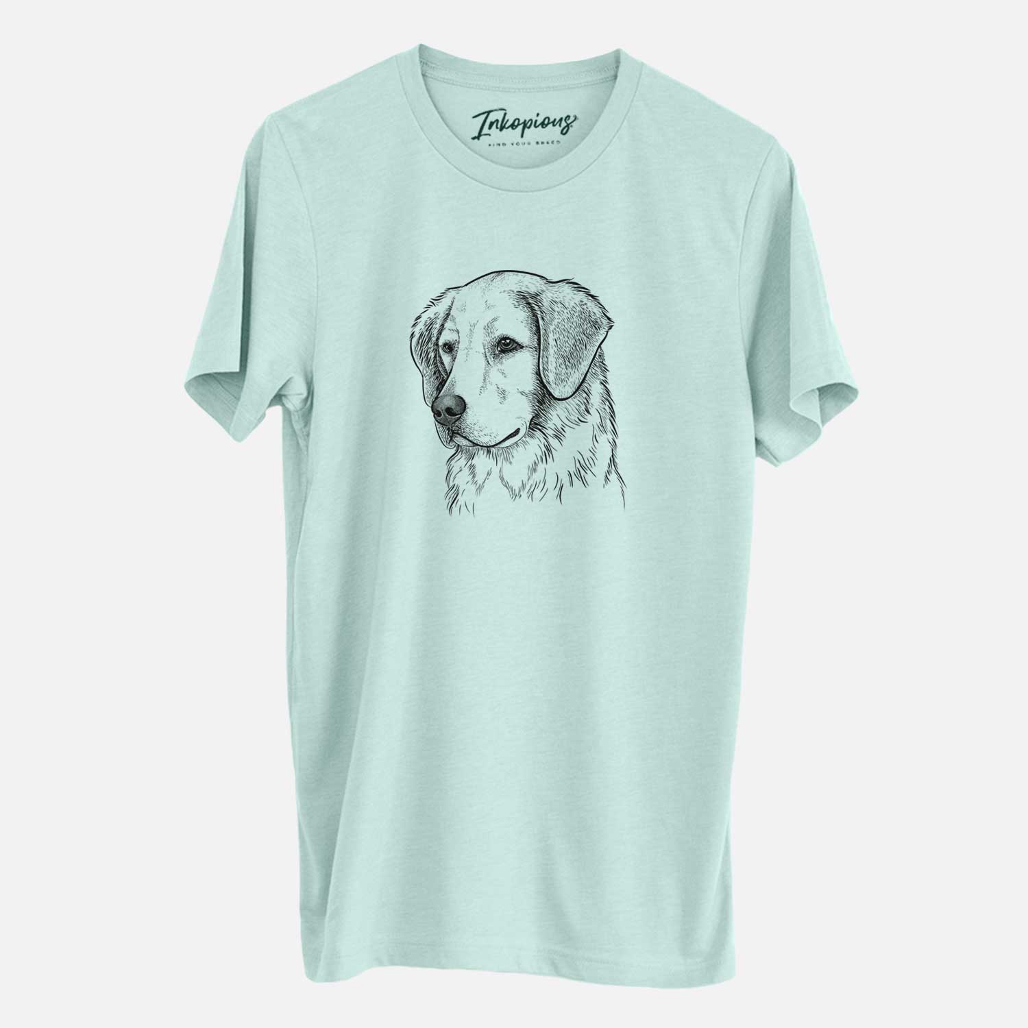 Hand-drawn sketch of Kula the Golden Retriever on a Heather Sage Unisex crewneck