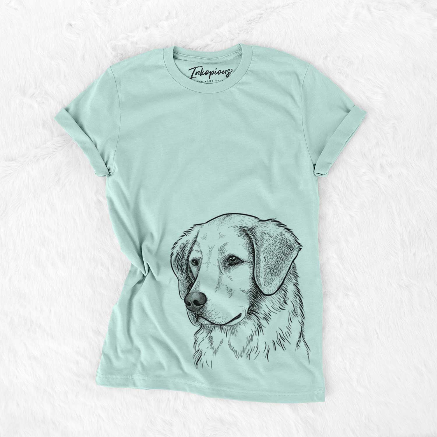 Hand-drawn sketch of Kula the Golden Retriever on a Heather Sage Unisex crewneck