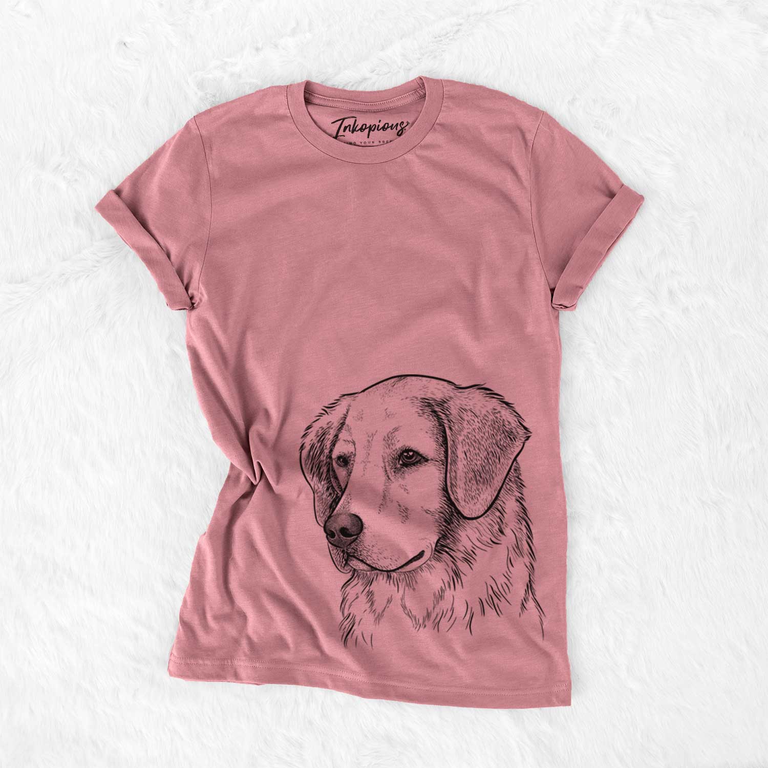 Hand-drawn sketch of Kula the Golden Retriever on a Mauve Unisex crewneck