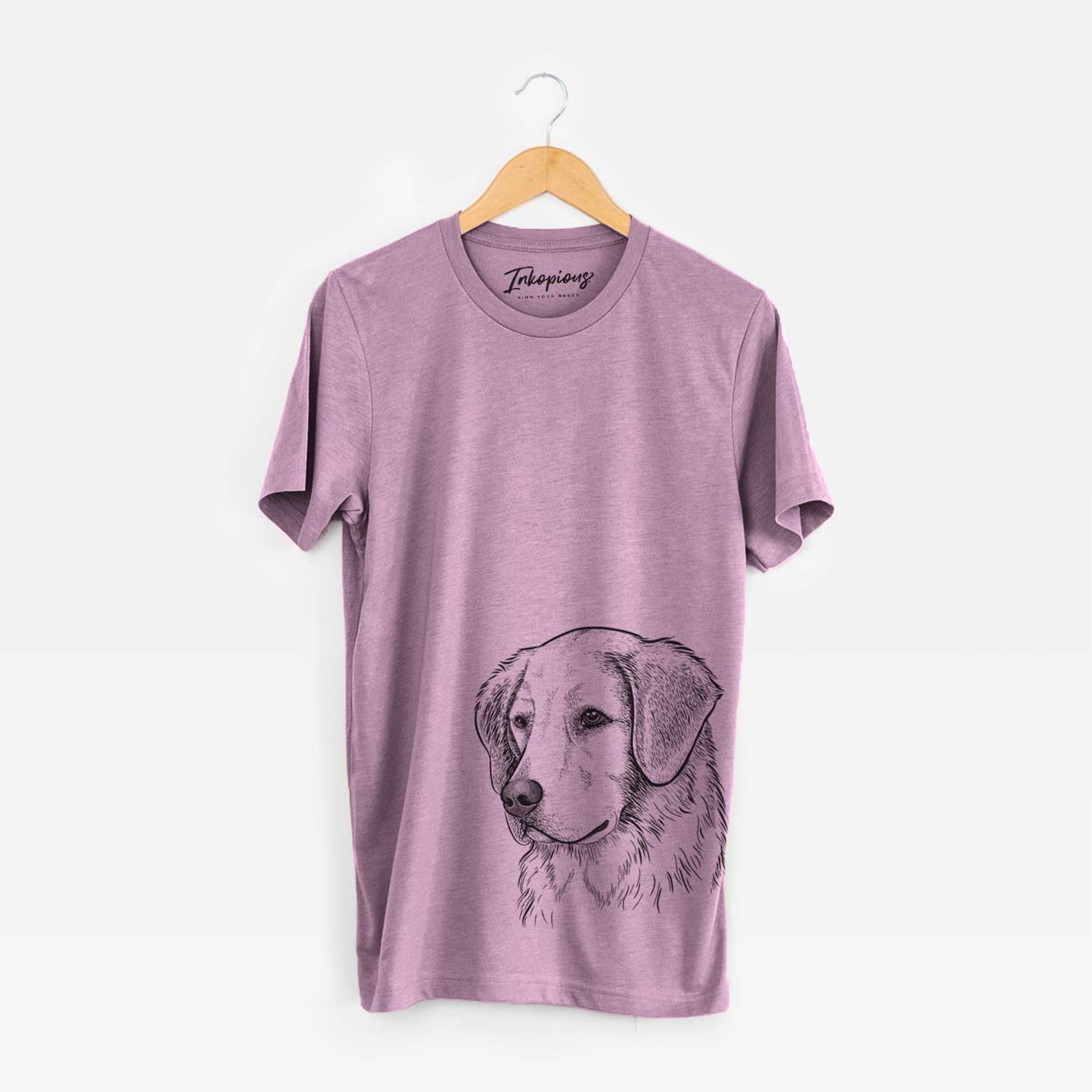 Hand-drawn sketch of Kula the Golden Retriever on an Orchid Unisex crewneck