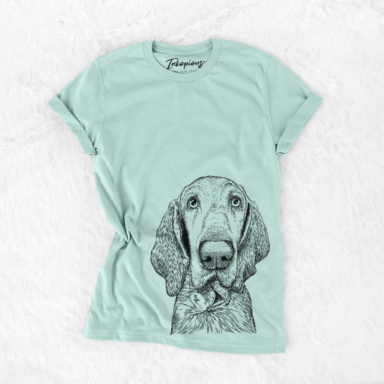 Hand-drawn sketch of Kylie the Bracco Italiano on a Heather Sage Unisex crewneck