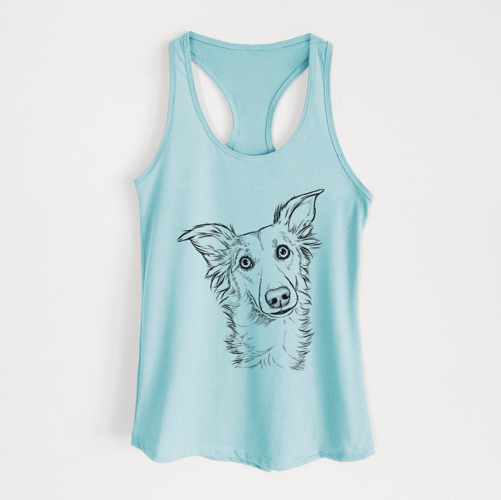Hand-drawn sketch of Kyu the Windsprite on a Cancun Blue Women's racerback tanktop