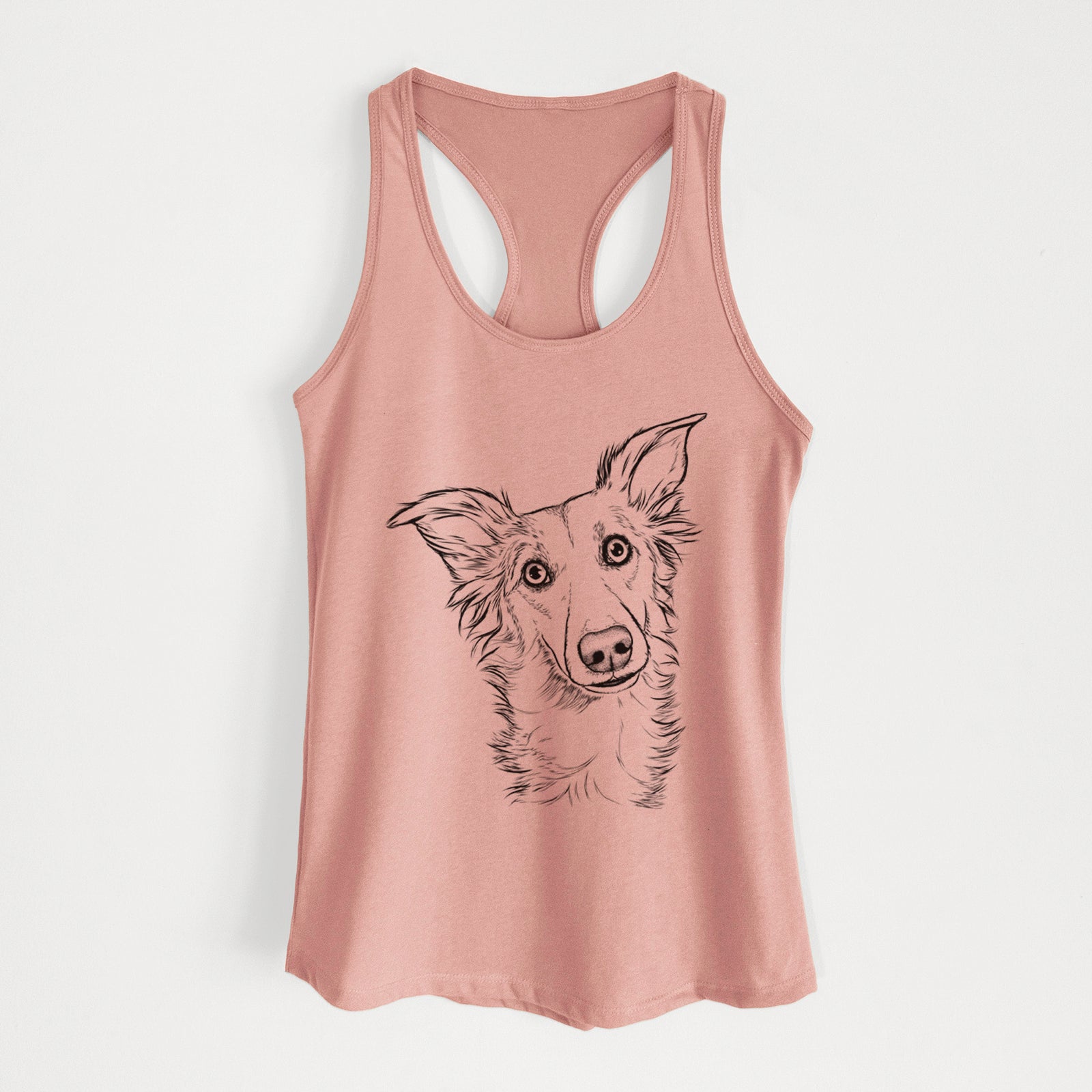 Hand-drawn sketch of Kyu the Windsprite on a Desert Pink Women's racerback tanktop