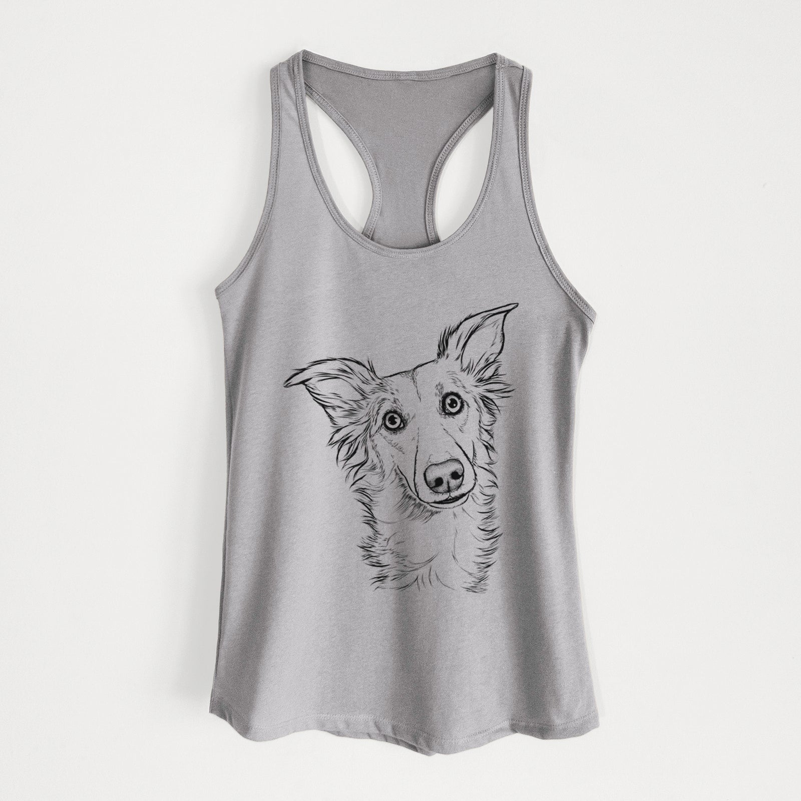 Hand-drawn sketch of Kyu the Windsprite on a Heather Grey Women's racerback tanktop