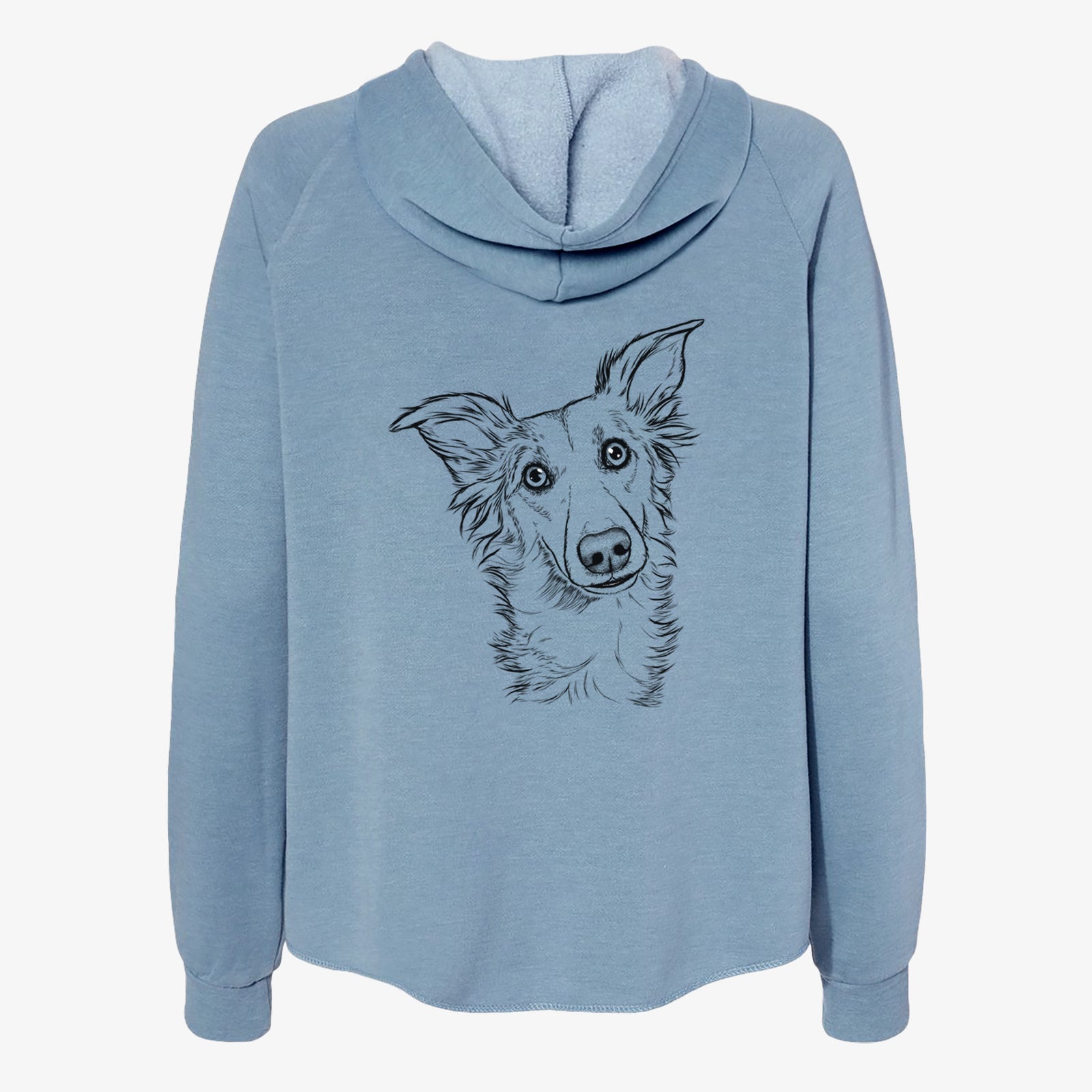 Hand-drawn sketch of Kyu the Windsprite on a Misty Blue Women's cali wave zip-up sweatshirt