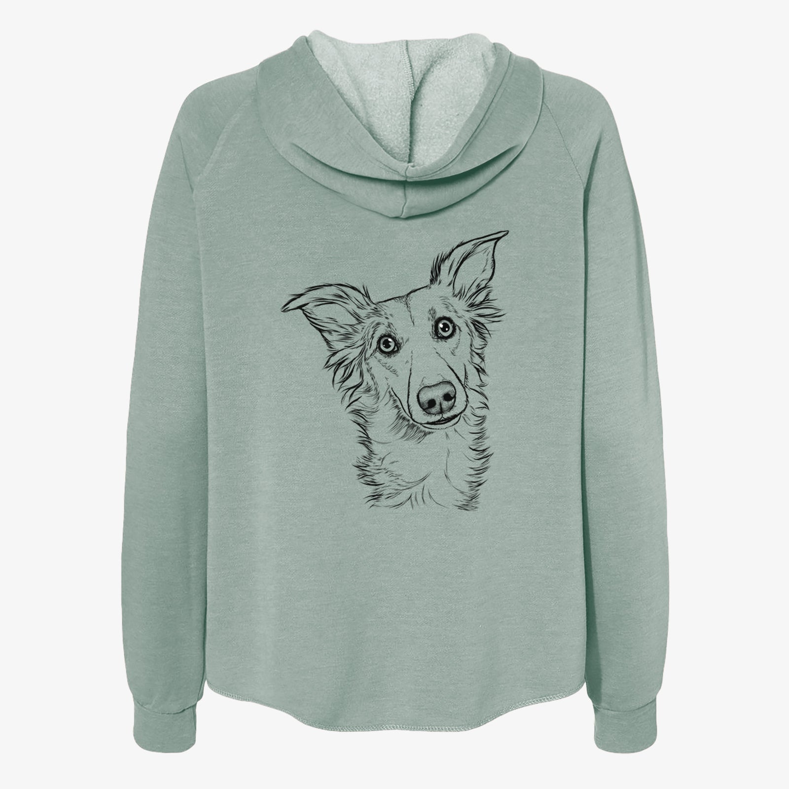Hand-drawn sketch of Kyu the Windsprite on a Sage Women's cali wave zip-up sweatshirt