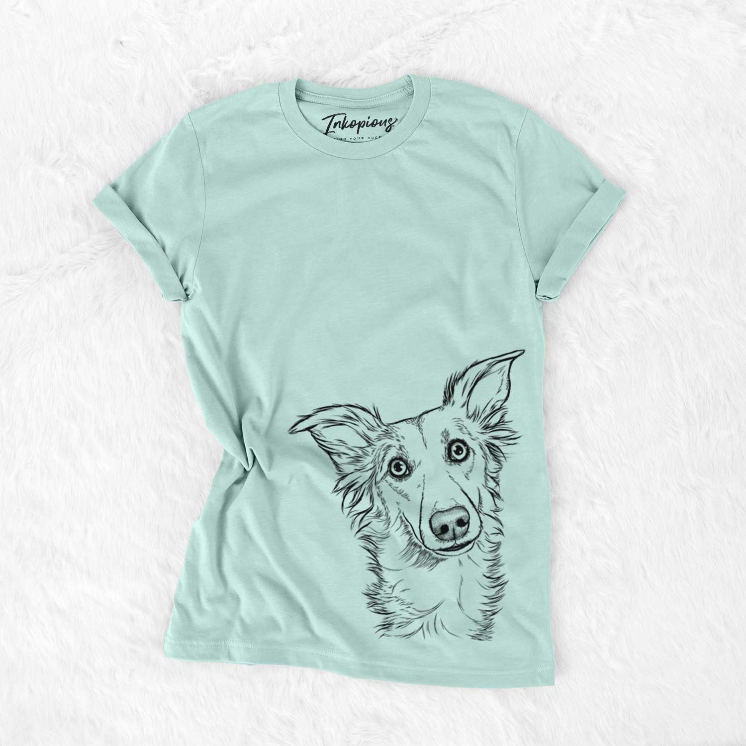 Hand-drawn sketch of Kyu the Windsprite on a Heather Sage Unisex crewneck