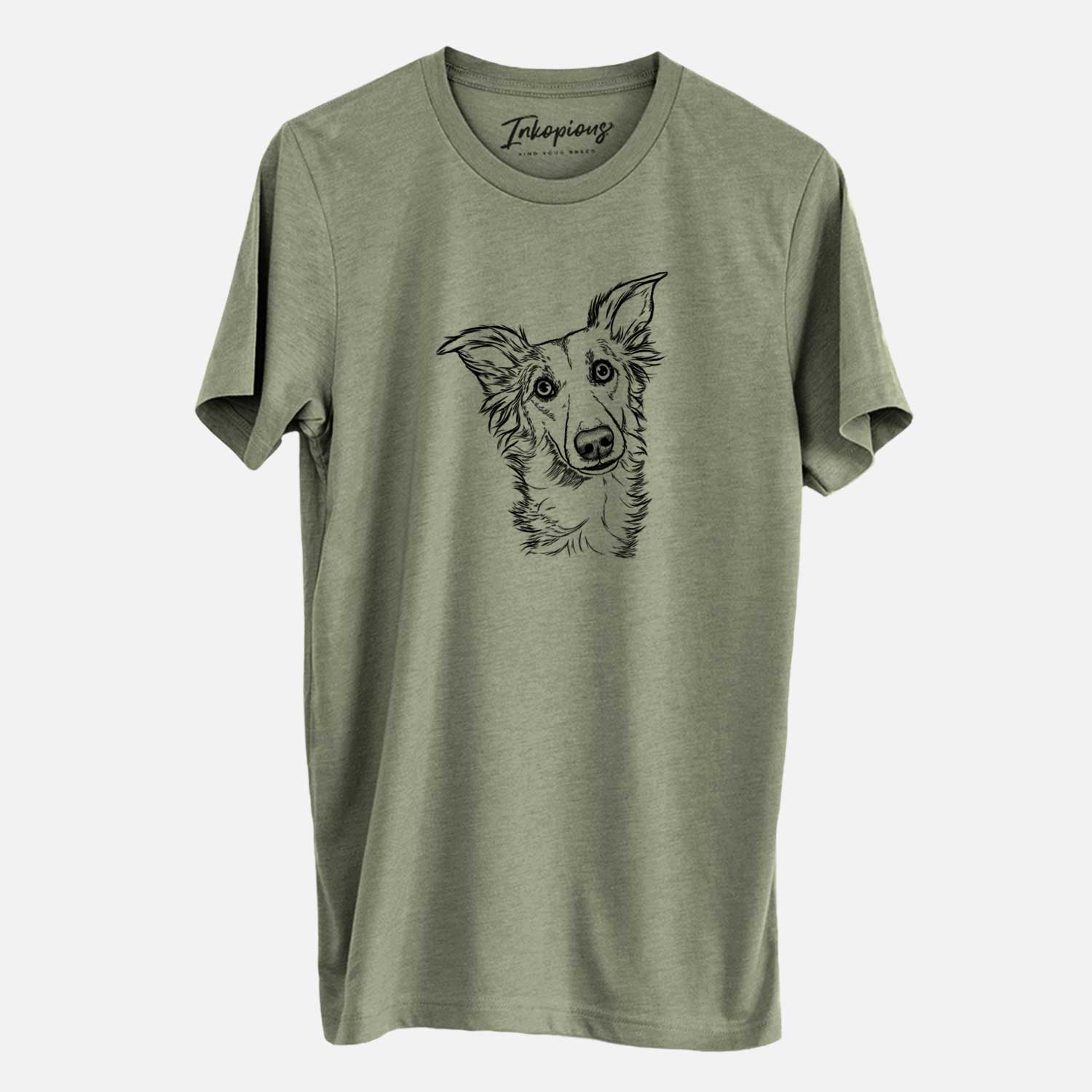 Hand-drawn sketch of Kyu the Windsprite on an Olive Unisex crewneck