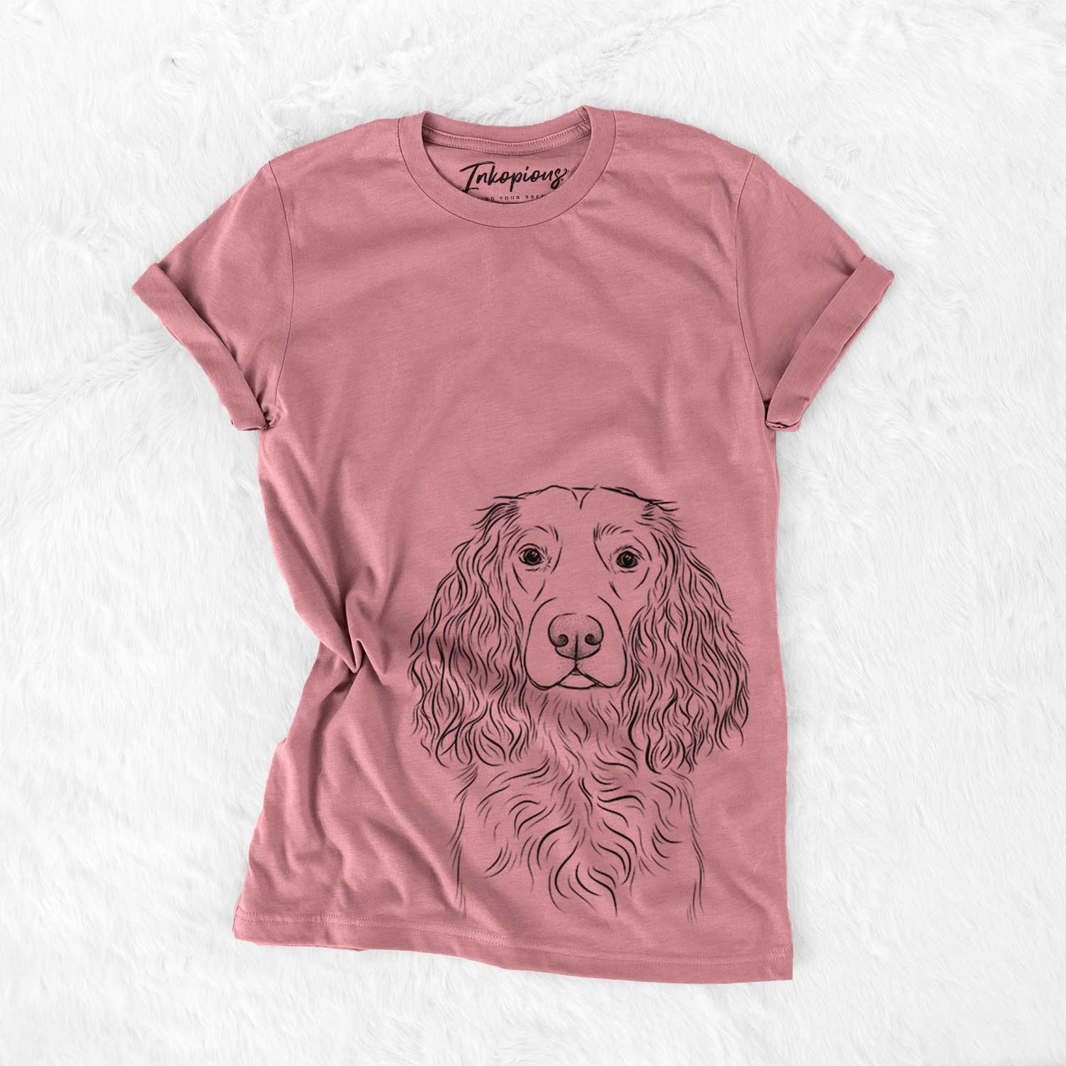Hand-drawn sketch of Landry the Boykin Spaniel on a Mauve Bella Canvas Unisex Crewneck