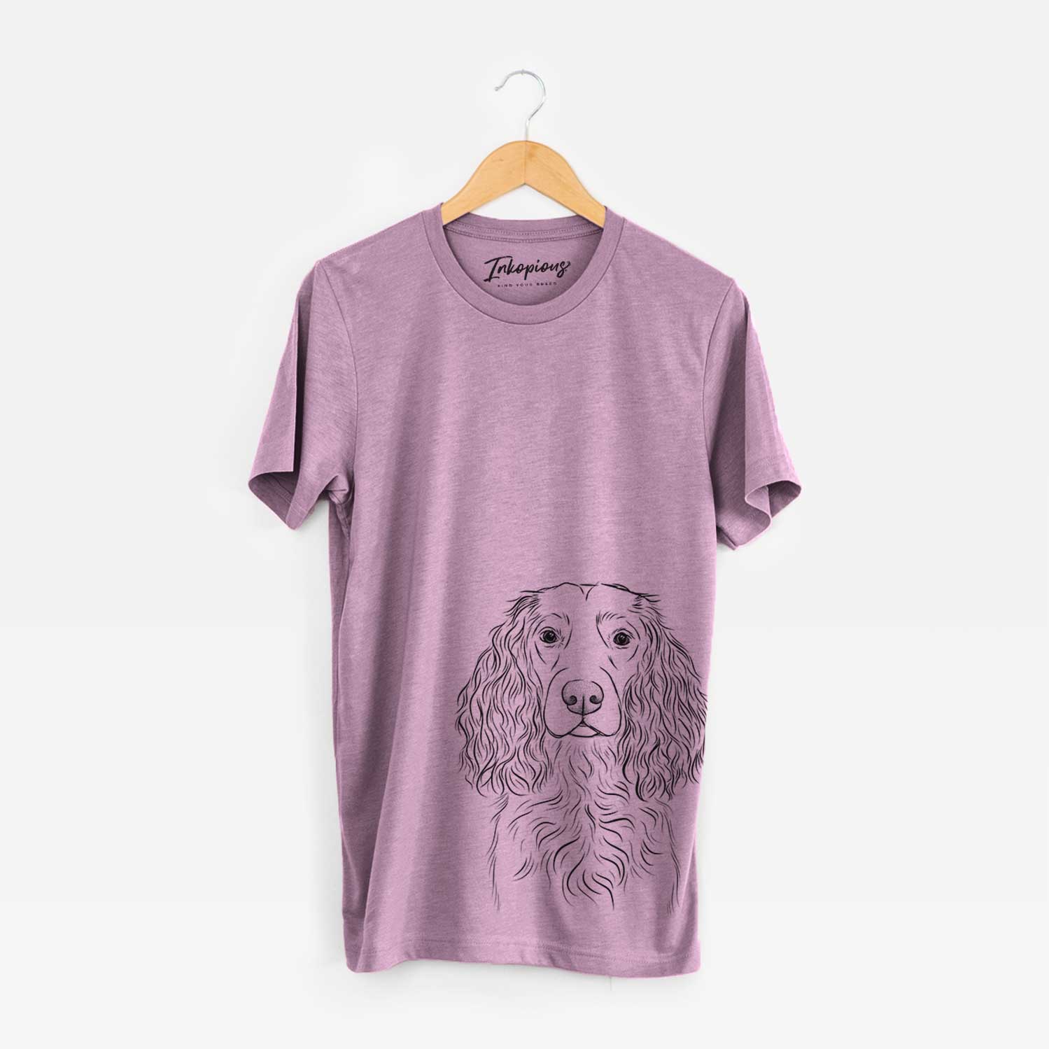 Hand-drawn sketch of Landry the Boykin Spaniel on an Orchid Bella Canvas Unisex Crewneck