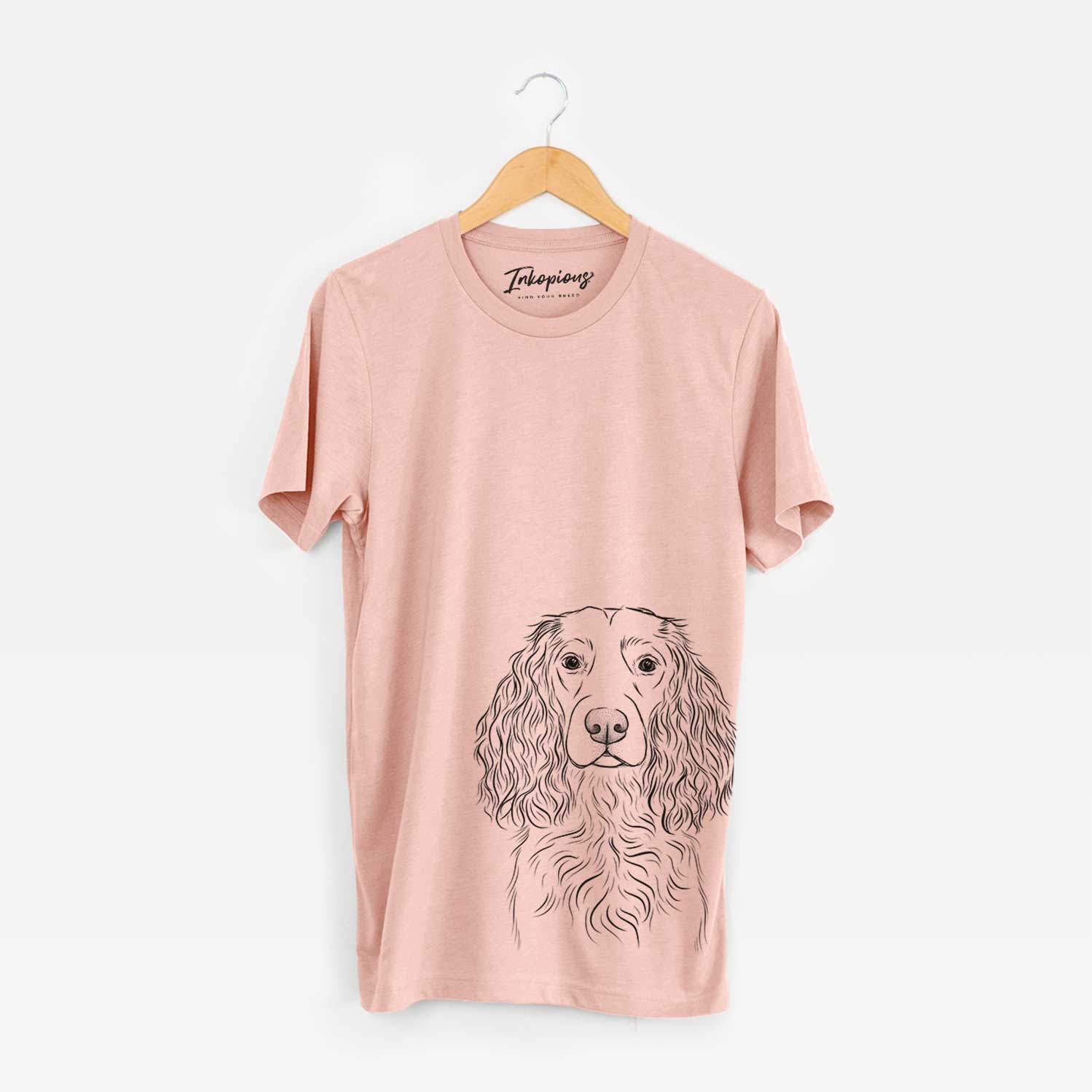 Hand-drawn sketch of Landry the Boykin Spaniel on a Peach Bella Canvas Unisex Crewneck