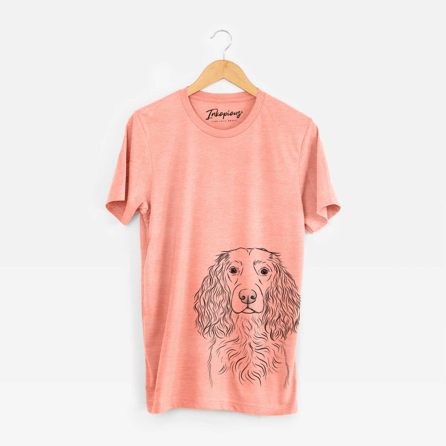 Hand-drawn sketch of Landry the Boykin Spaniel on a Sunset Bella Canvas Unisex Crewneck