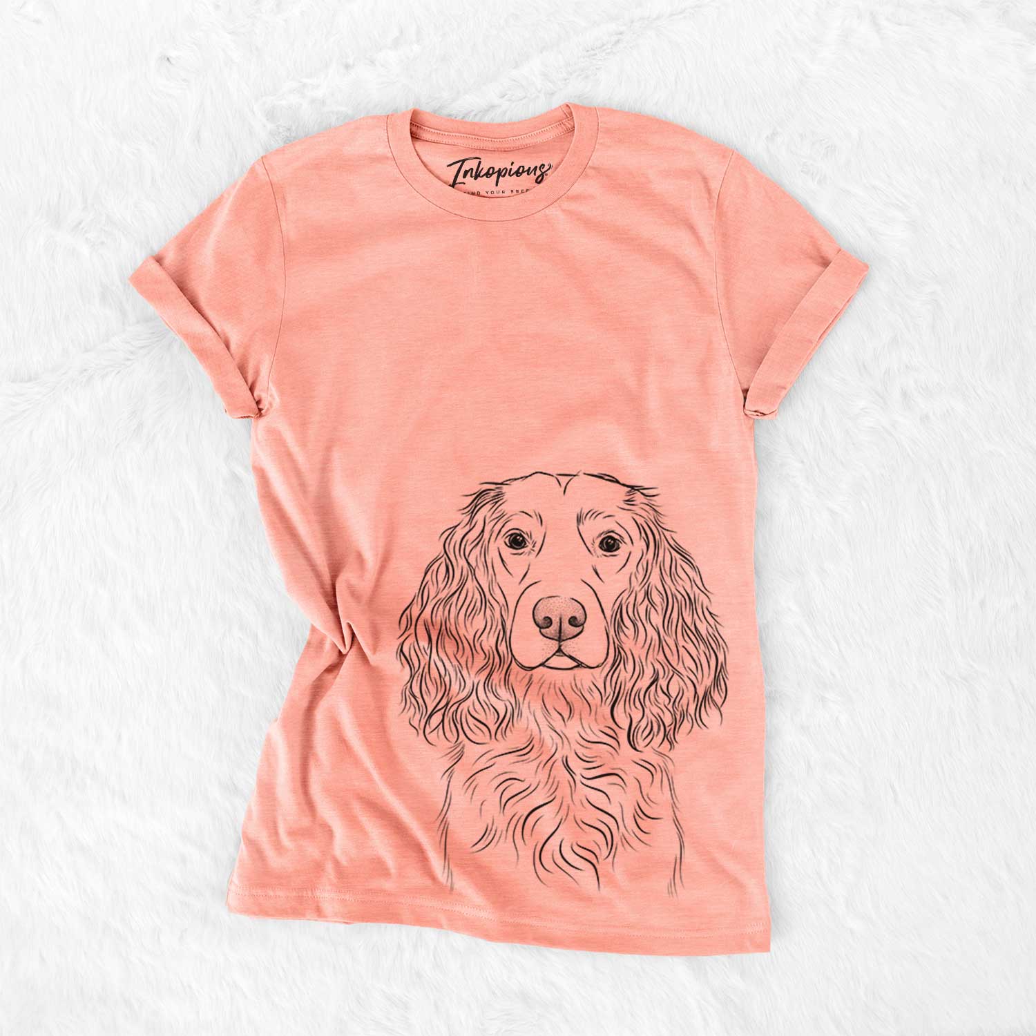 Hand-drawn sketch of Landry the Boykin Spaniel on a Sunset Bella Canvas Unisex Crewneck