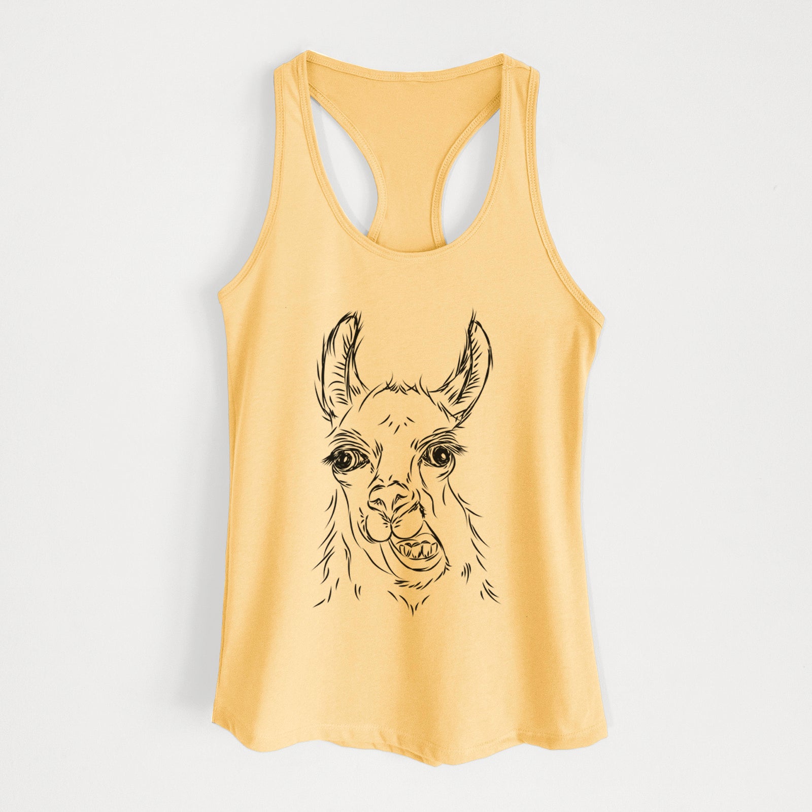 Hand-drawn sketch of Larry the Llama on a Banana Cream Women's racerback tanktop
