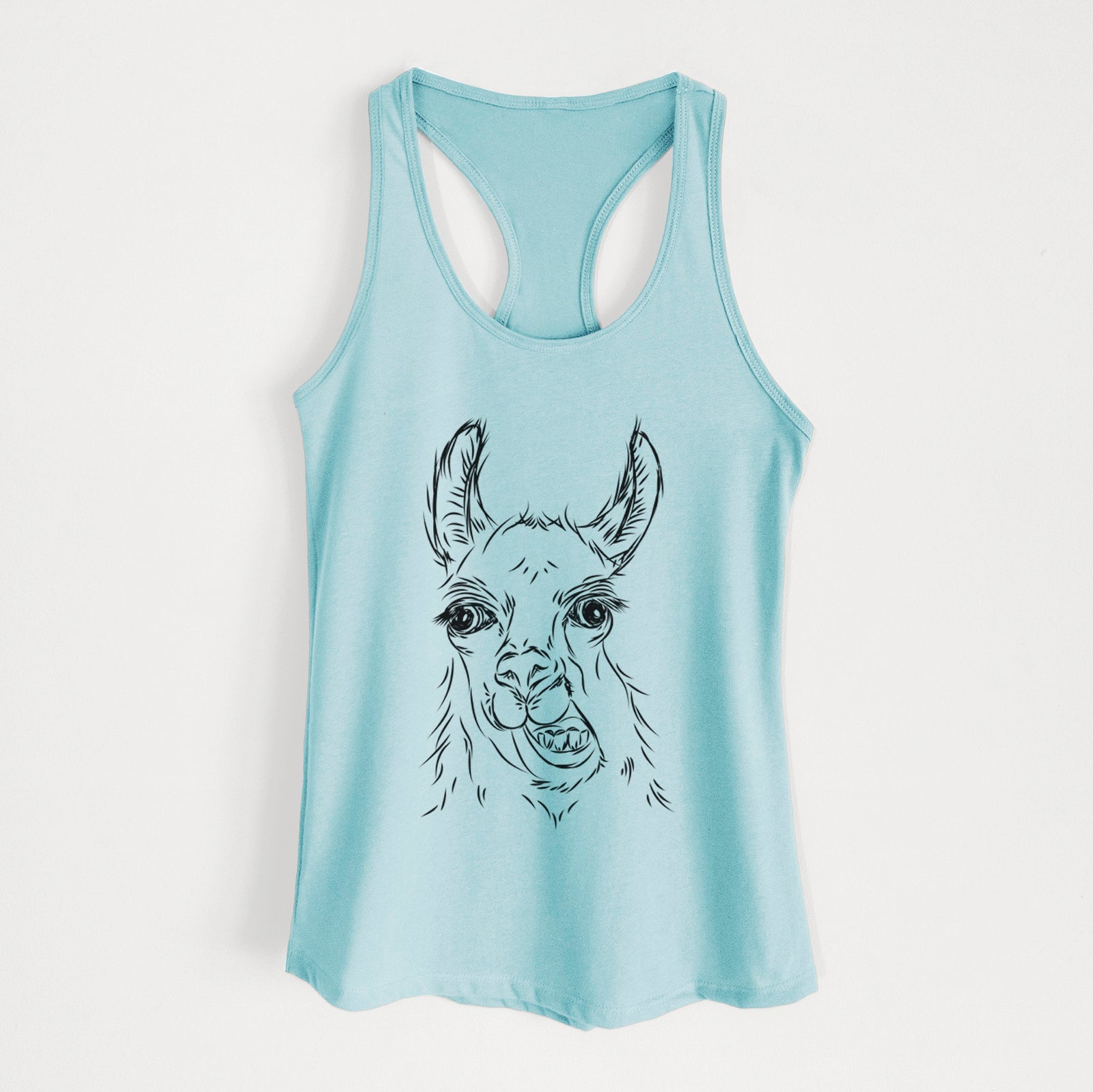 Hand-drawn sketch of Larry the Llama on a Cancun Blue Women's racerback tanktop