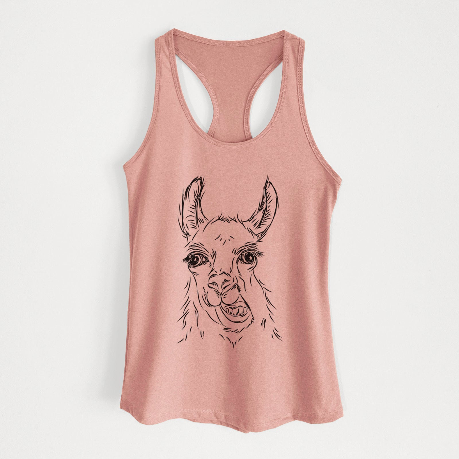 Hand-drawn sketch of Larry the Llama on a Desert Pink Women's racerback tanktop