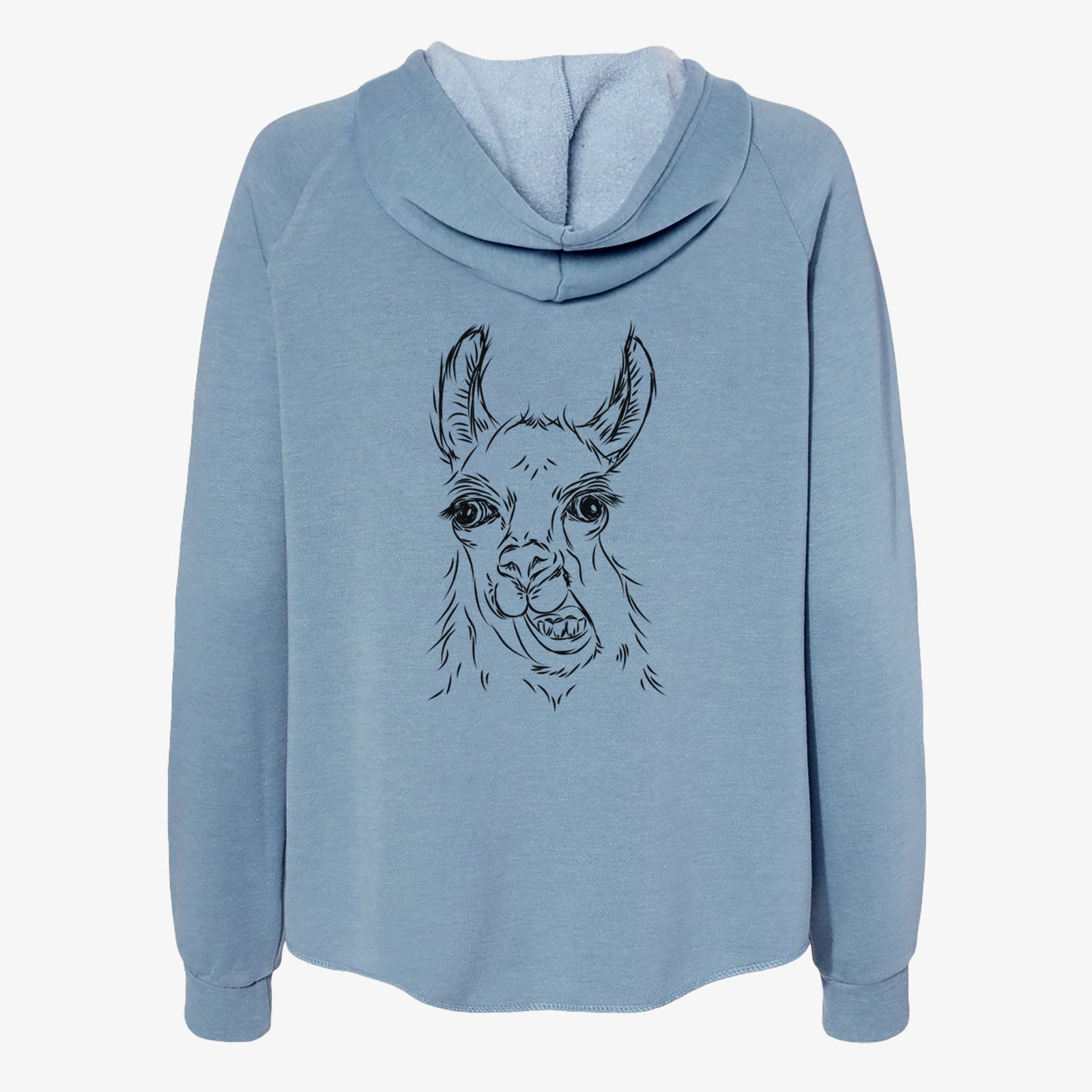Hand-drawn sketch of Larry the Llama on a Misty Blue Women's cali wave zip-up sweatshirt
