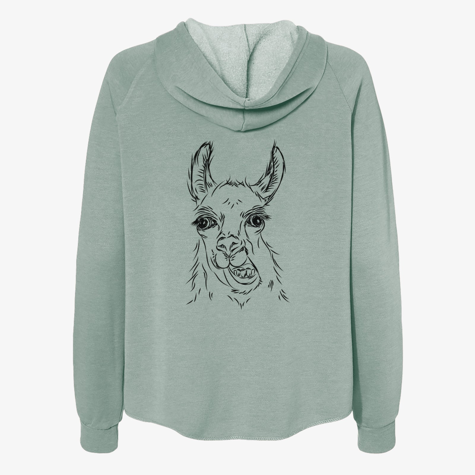 Hand-drawn sketch of Larry the Llama on a Sage Women's cali wave zip-up sweatshirt