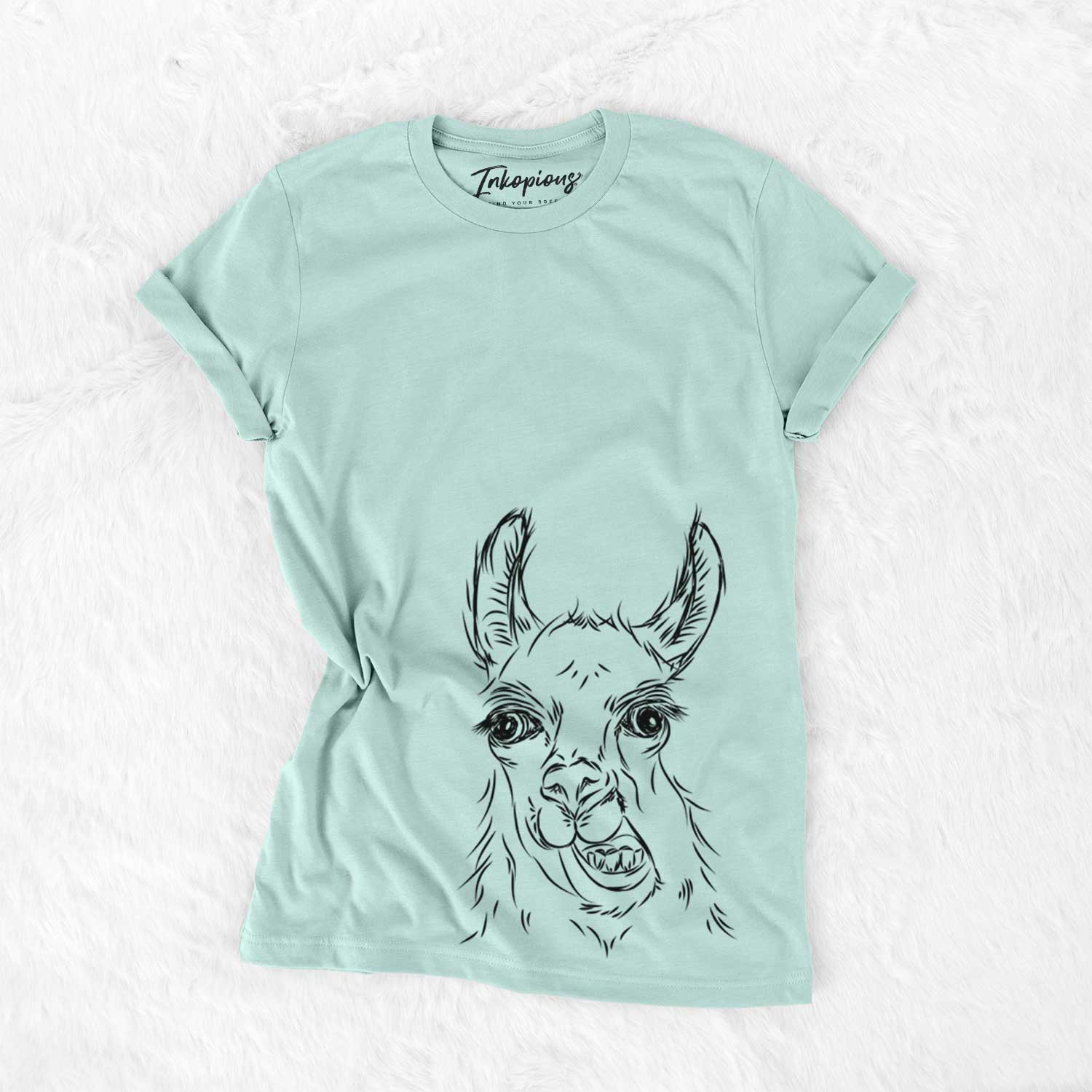 Hand-drawn sketch of Larry the Llama on a Heather Sage Unisex crewneck