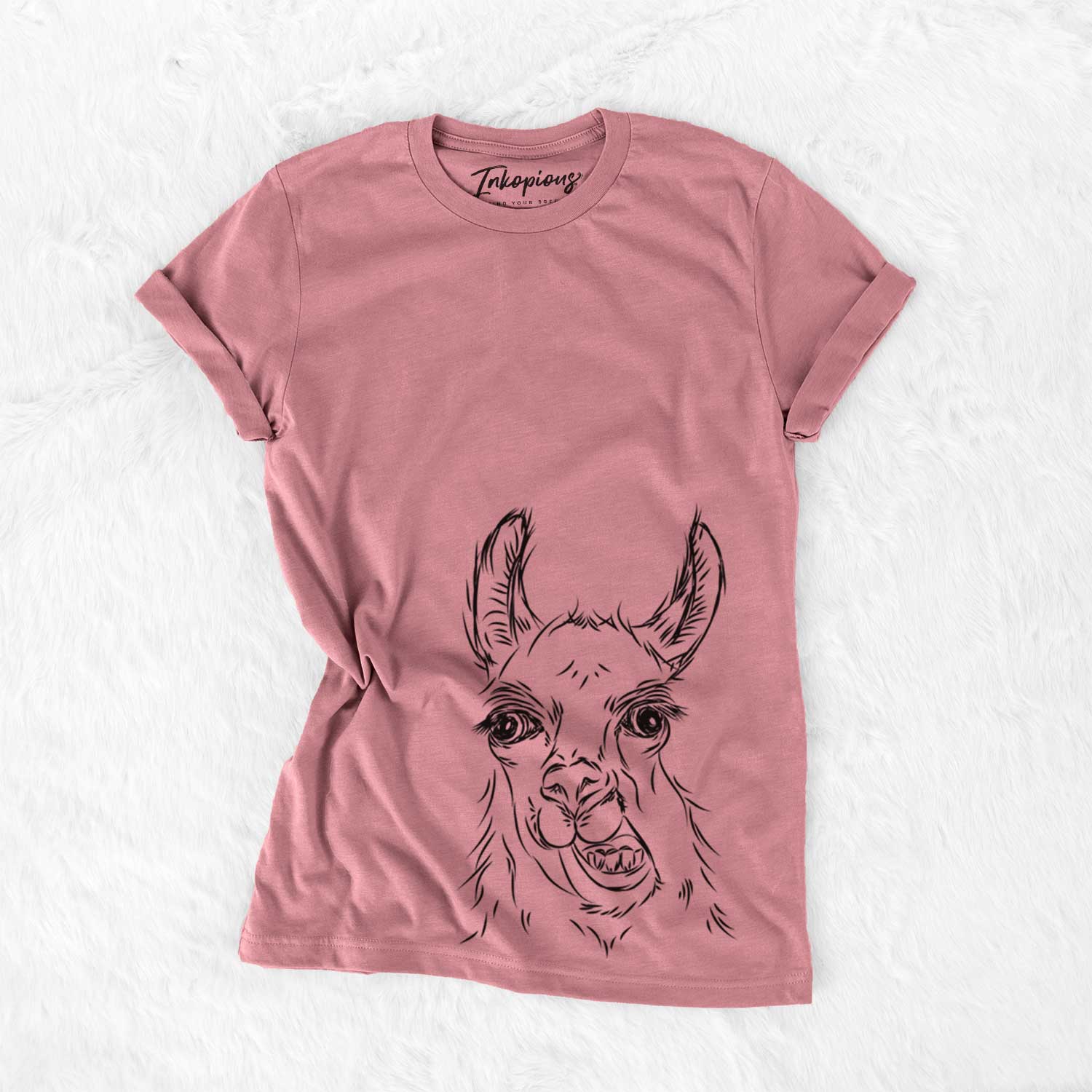 Hand-drawn sketch of Larry the Llama on a Mauve Unisex crewneck