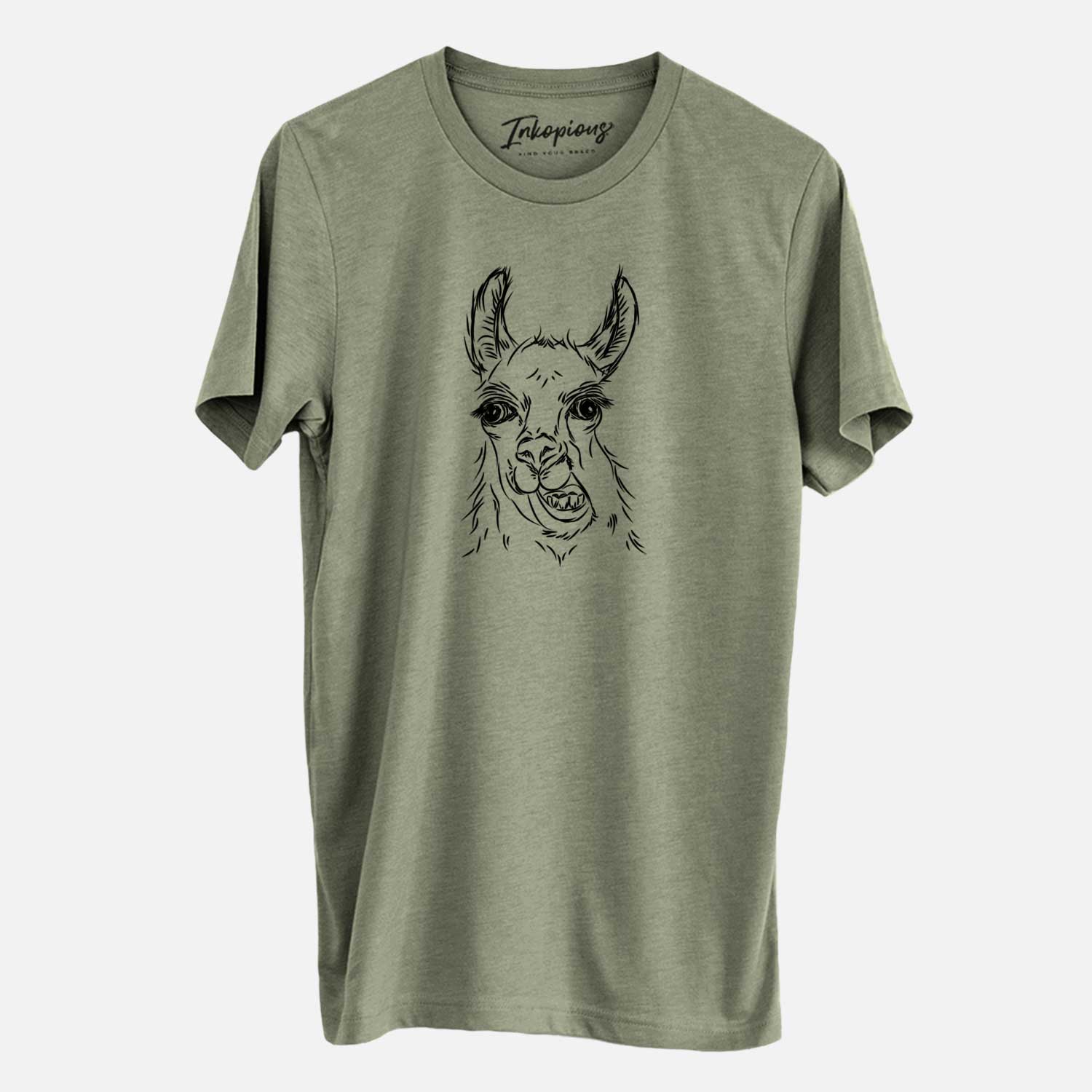 Hand-drawn sketch of Larry the Llama on an Olive Unisex crewneck