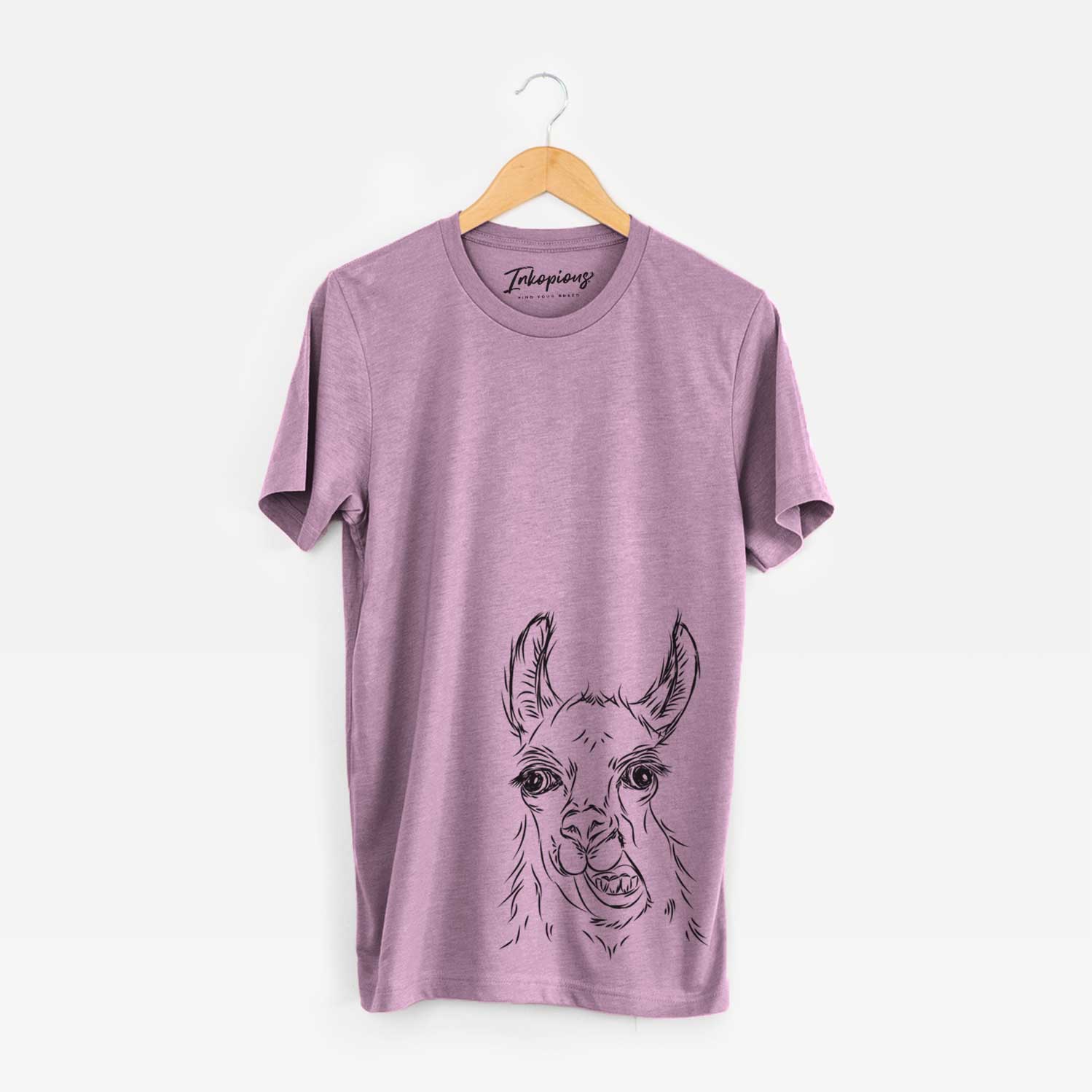 Hand-drawn sketch of Larry the Llama on an Orchid Unisex crewneck