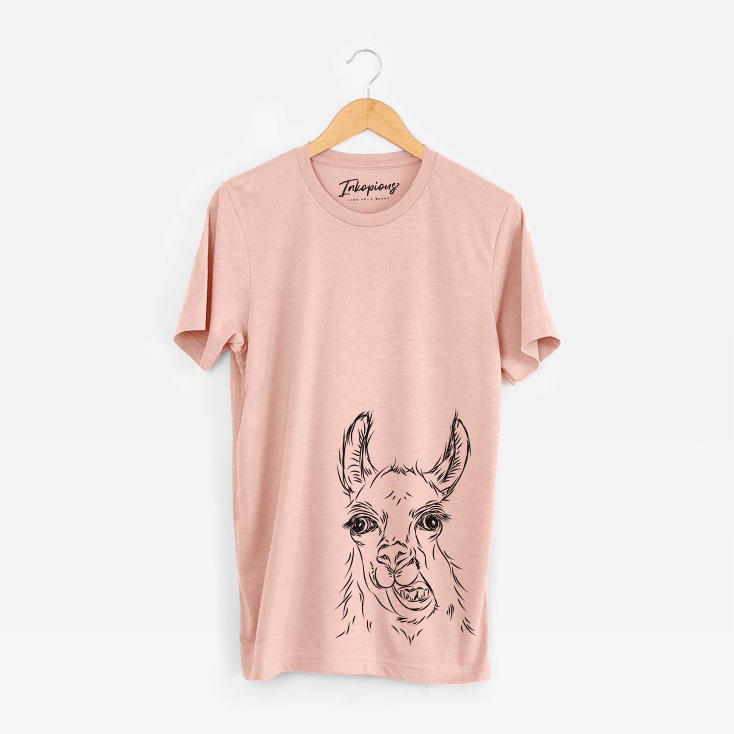 Hand-drawn sketch of Larry the Llama on a Peach Unisex crewneck