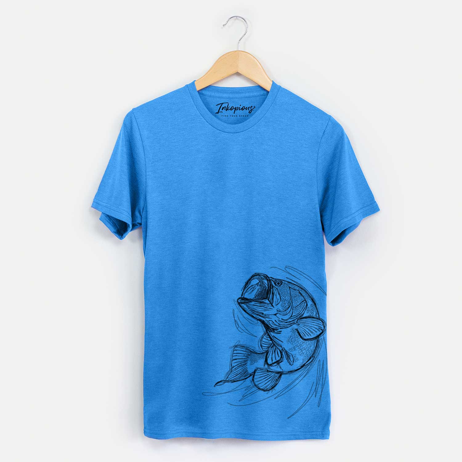 Hand-drawn sketch of Larry the Largemouth Bass on a Blue Bella Canvas Unisex Crewneck