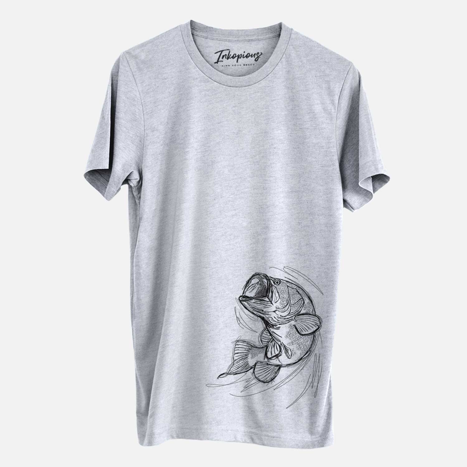 Hand-drawn sketch of Larry the Largemouth Bass on a Grey Bella Canvas Unisex Crewneck