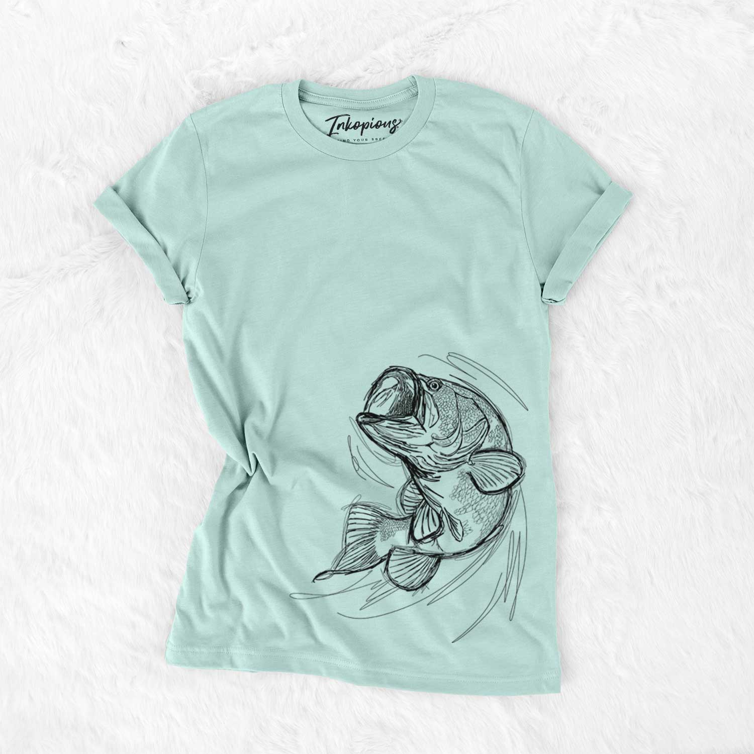 Hand-drawn sketch of Larry the Largemouth Bass on a Heather Sage Bella Canvas Unisex Crewneck